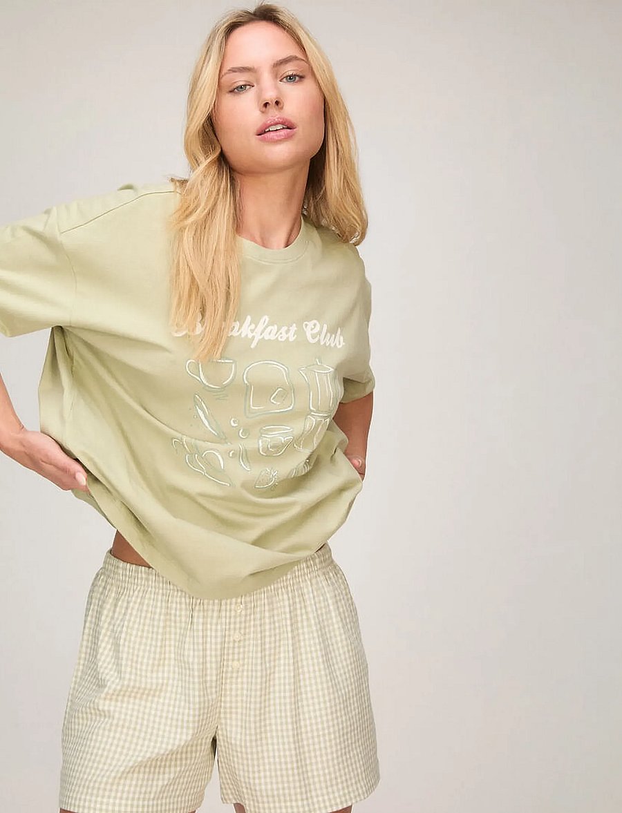 Hunkemöller - Pj Ss Short Vis Co Woven Check - t-shirts - frosty green - 0