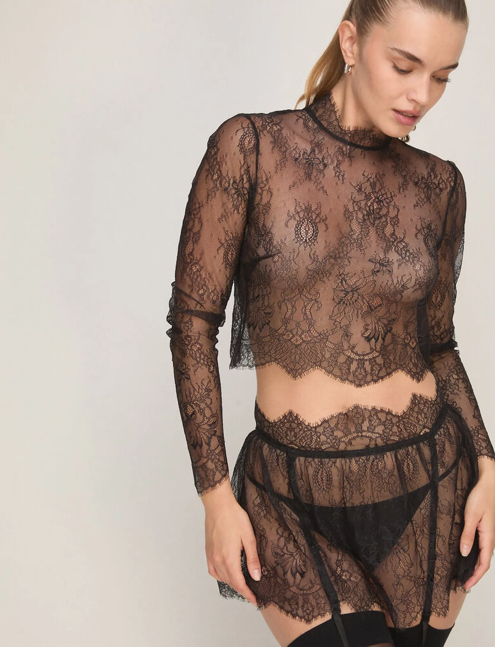 Hunkemöller - TOP LS LACE CAMILLE - caviar - 4