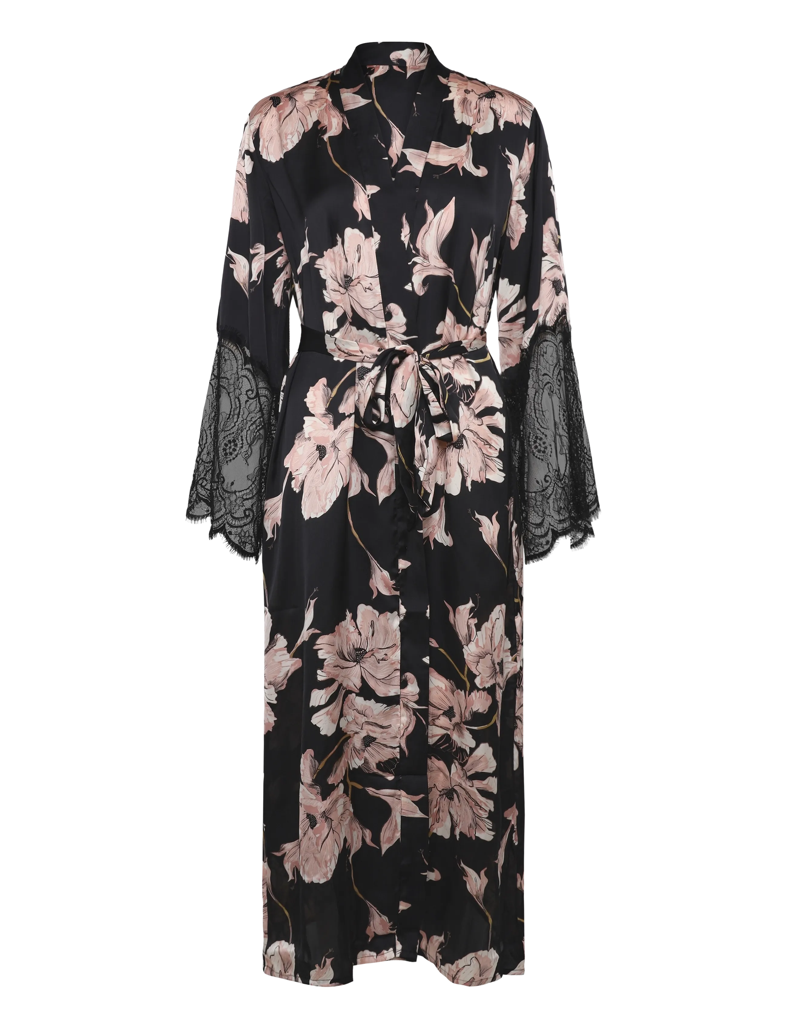 Hunkemöller KIMONO LONG SATIN LACE FLOWER - Unterwäsche - CAVIAR / black