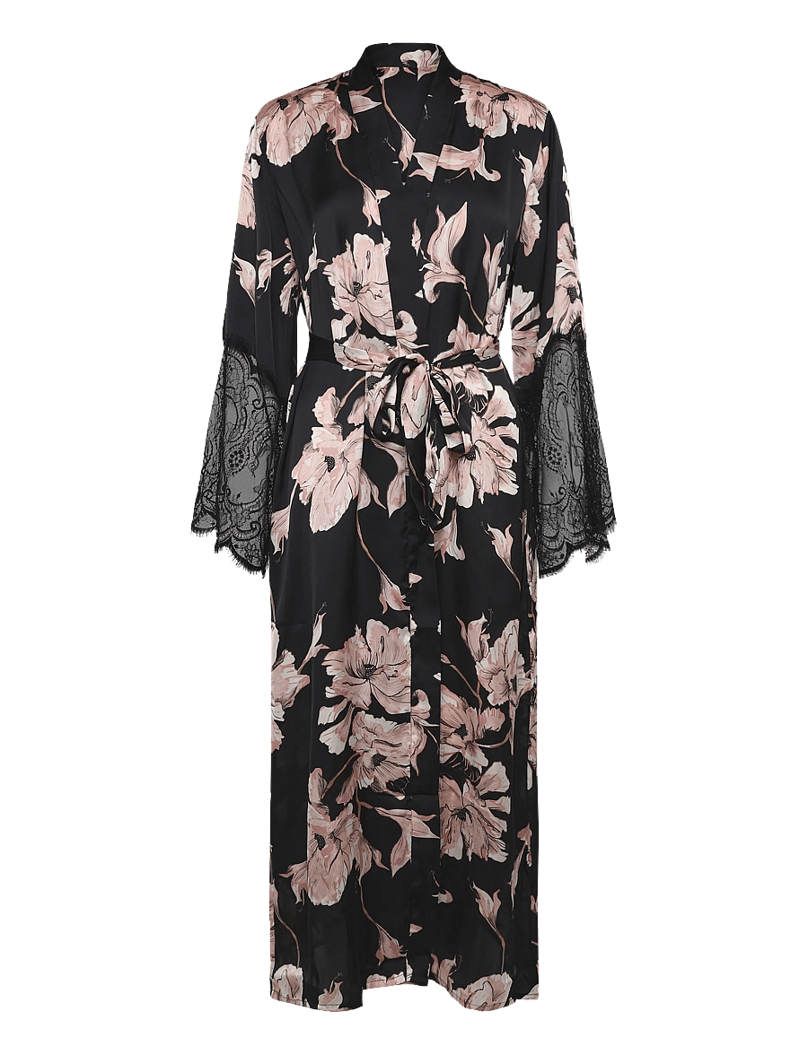 Hunkemöller - KIMONO LONG SATIN LACE FLOWER - kimonod - caviar - 1