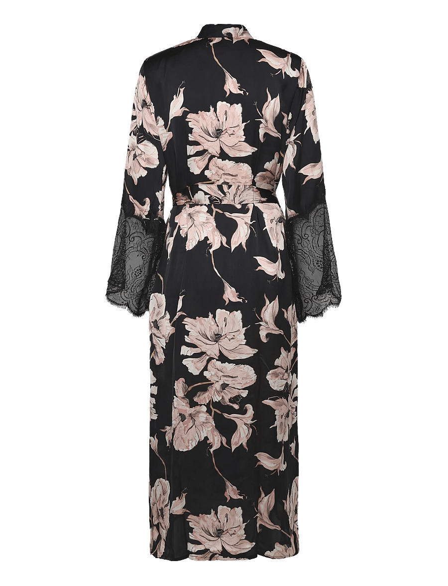Hunkemöller - KIMONO LONG SATIN LACE FLOWER - kimonod - caviar - 2