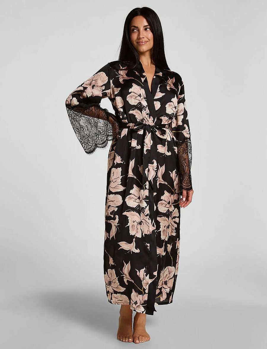 Hunkemöller - KIMONO LONG SATIN LACE FLOWER - kimonod - caviar - 0
