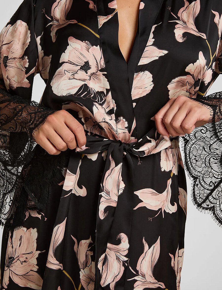 Hunkemöller - KIMONO LONG SATIN LACE FLOWER - kimonod - caviar - 3
