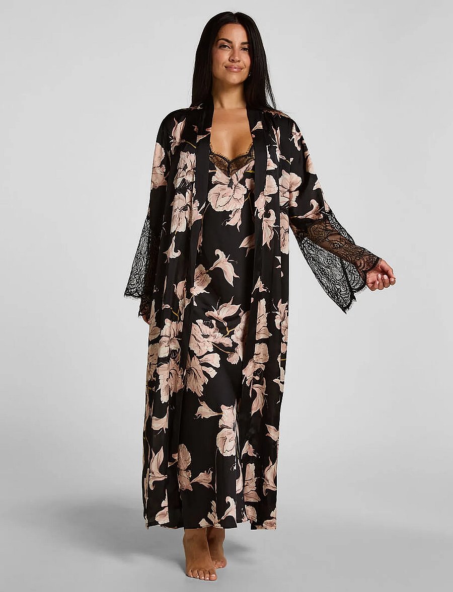 Hunkemöller - KIMONO LONG SATIN LACE FLOWER - kimonod - caviar - 4