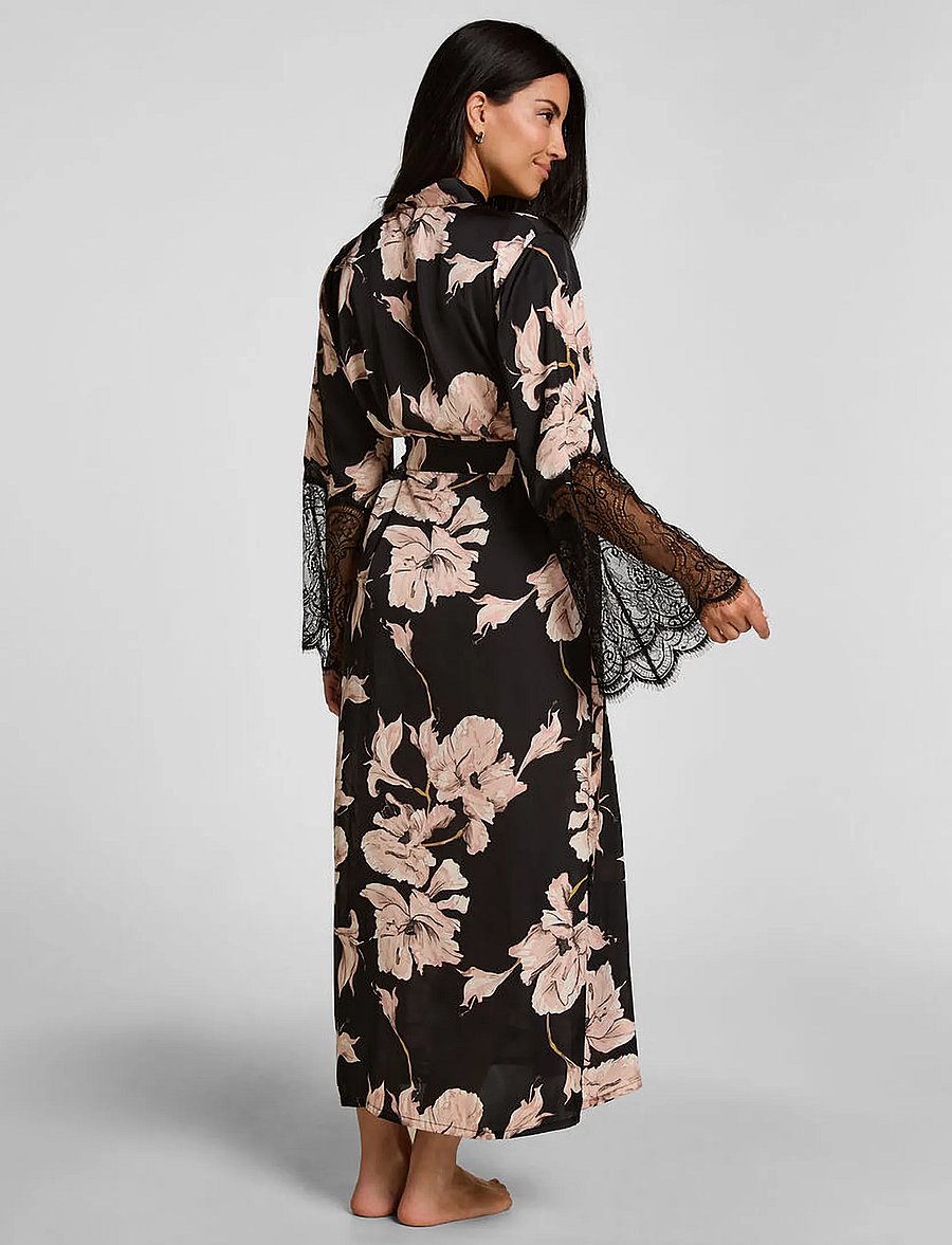 Hunkemöller - KIMONO LONG SATIN LACE FLOWER - kimonod - caviar - 5