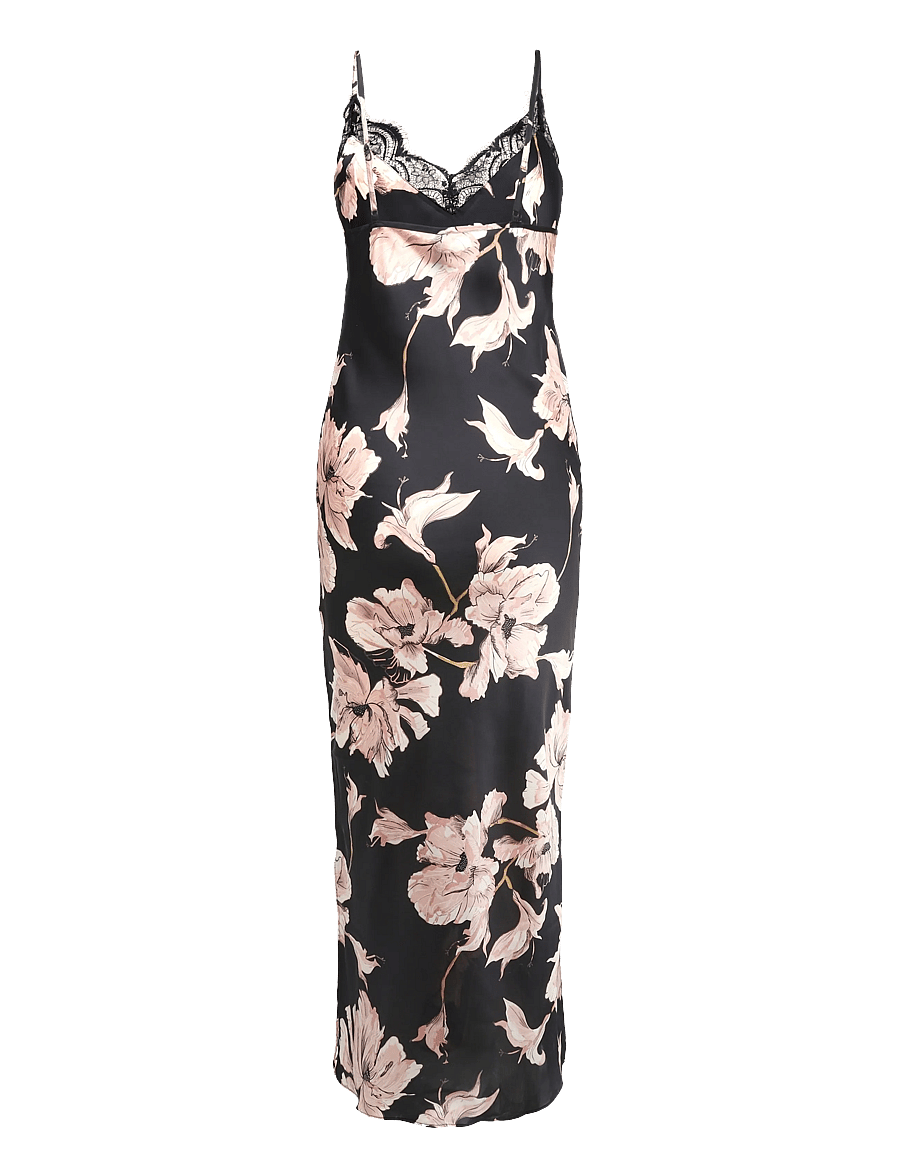 Hunkemöller - SD LONG SATIN LACE FLOWER - nattlinnen - caviar - 2