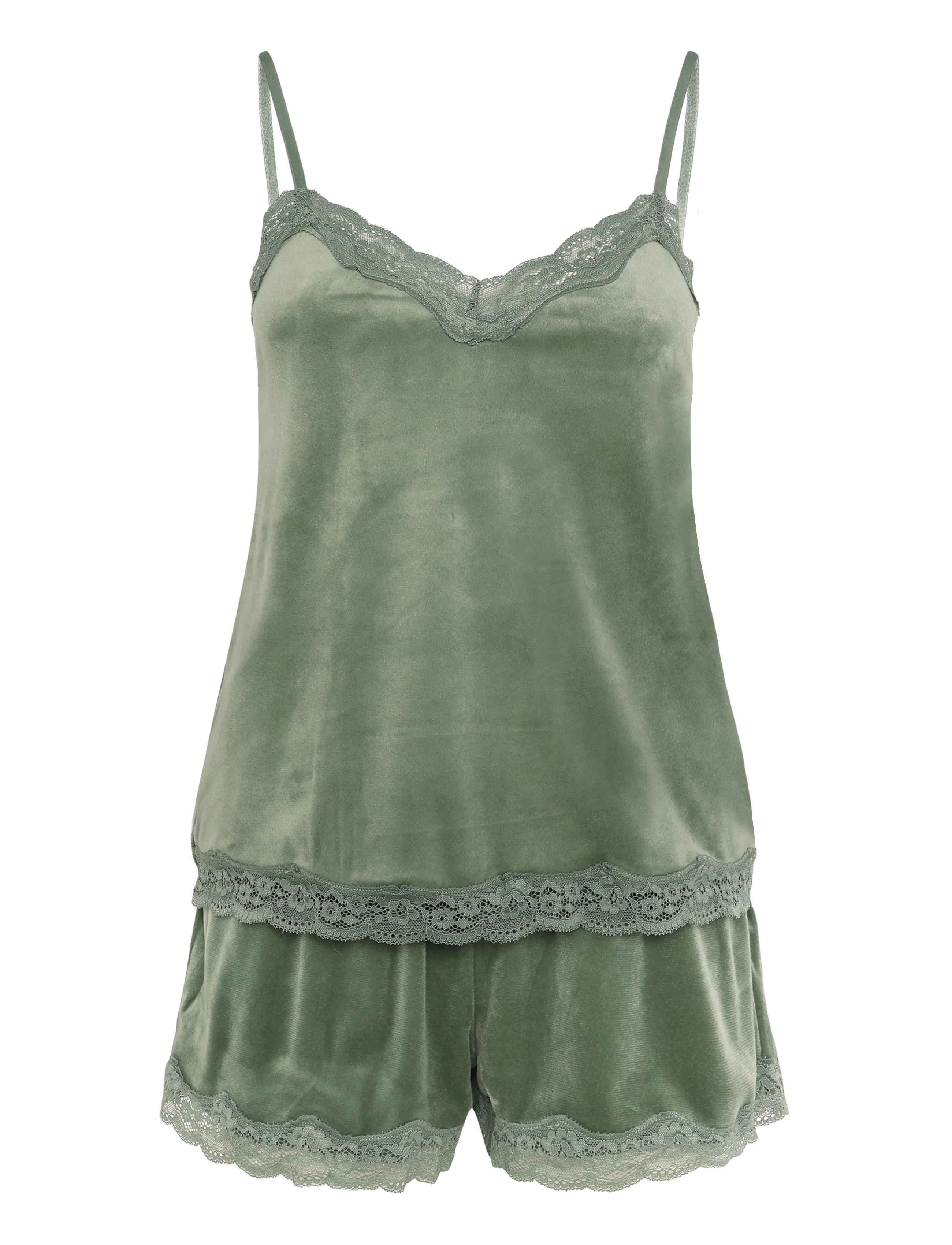 Hunkemöller PJ CAMI VELOURS SCALLOP LACE - Pyjamas - DARK OLIVE / khaki/green