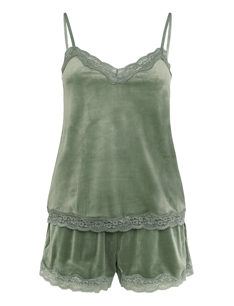 Hunkemöller - PJ CAMI VELOURS SCALLOP LACE - dark olive - 1