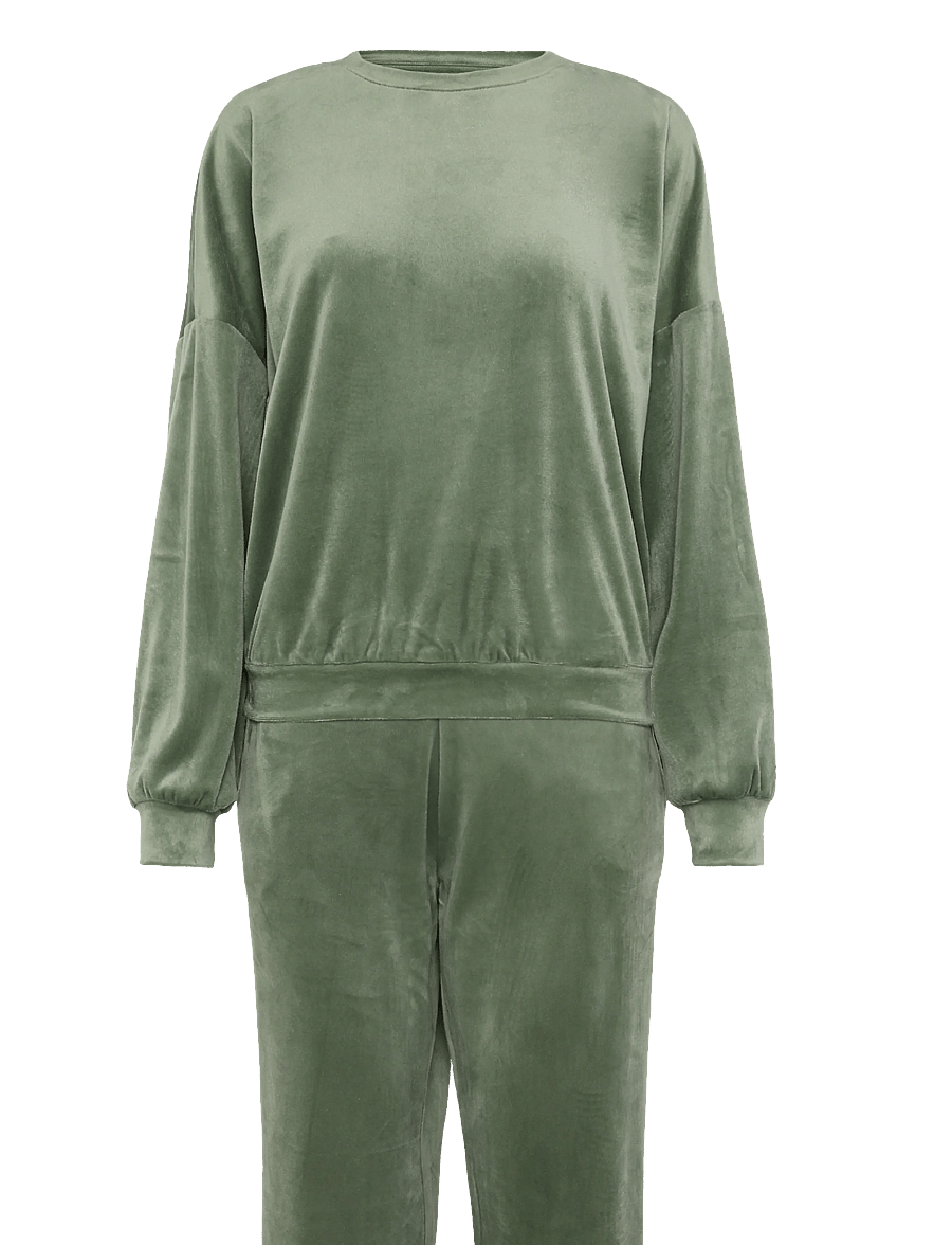 Hunkemöller - PJ LS VELOURS CREW - sweatshirts - dark olive - 0