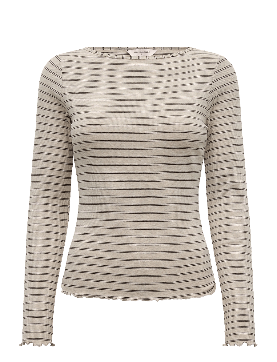 Hunkemöller - TOP LS BOAT JERSEY RIB STRIPE - oatmeal melee - 1
