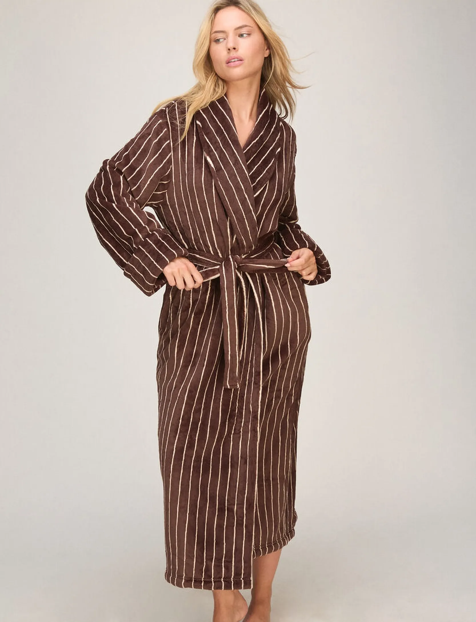 Hunkemöller ROBE LONG SOFT FLEECE STRIPE - Hunkemöller - COFFEE BEAN / brown