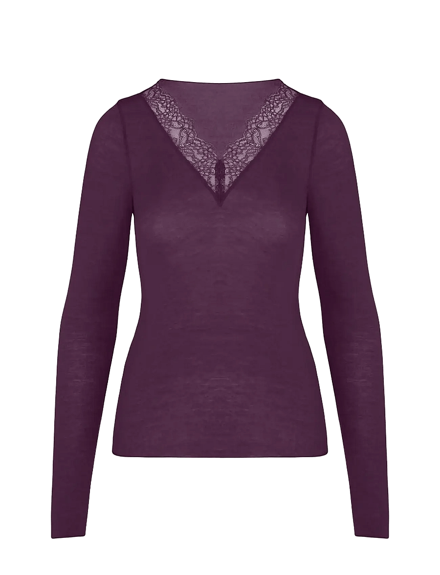 Hunkemöller - TOP LS V-NECK LACE INTIMATES - blackberry wine - 1