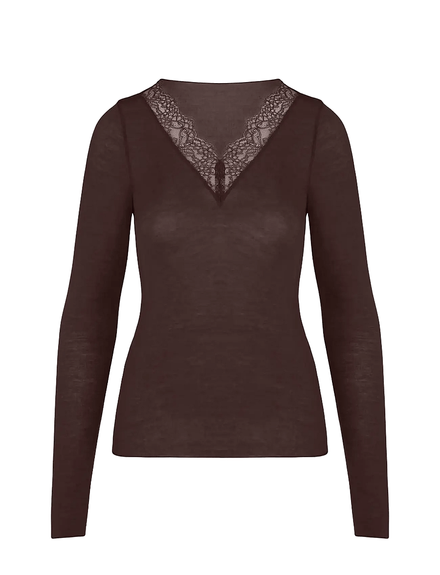 Hunkemöller - TOP LS V-NECK LACE INTIMATES - coffee bean - 1