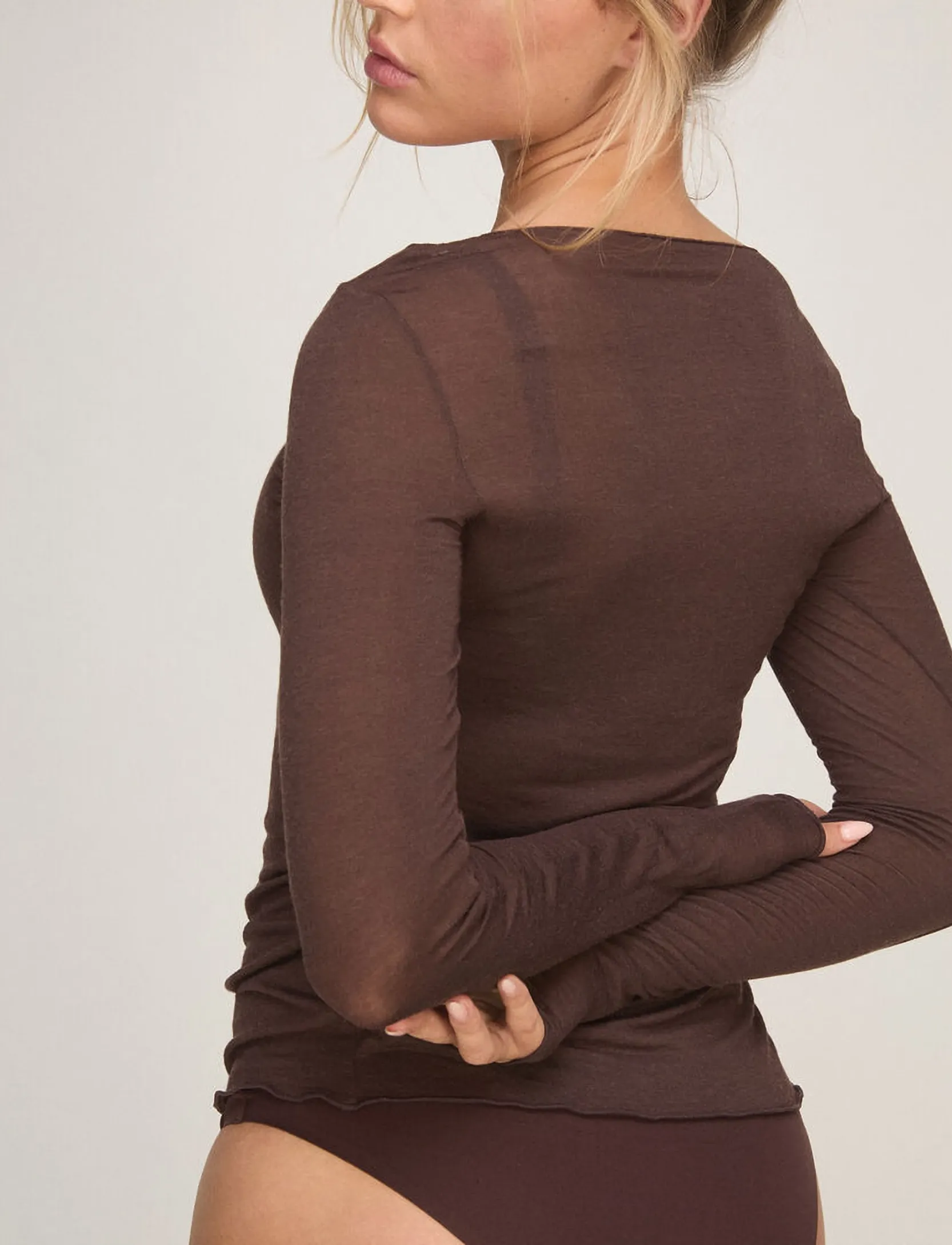 Hunkemöller - TOP LS V-NECK LACE INTIMATES - coffee bean - 5