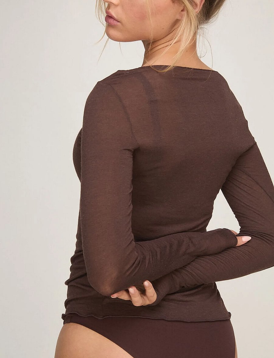 Hunkemöller - TOP LS V-NECK LACE INTIMATES - coffee bean - 5