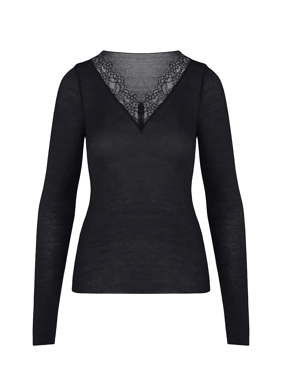 Hunkemöller - TOP LS V-NECK LACE INTIMATES - black - 1