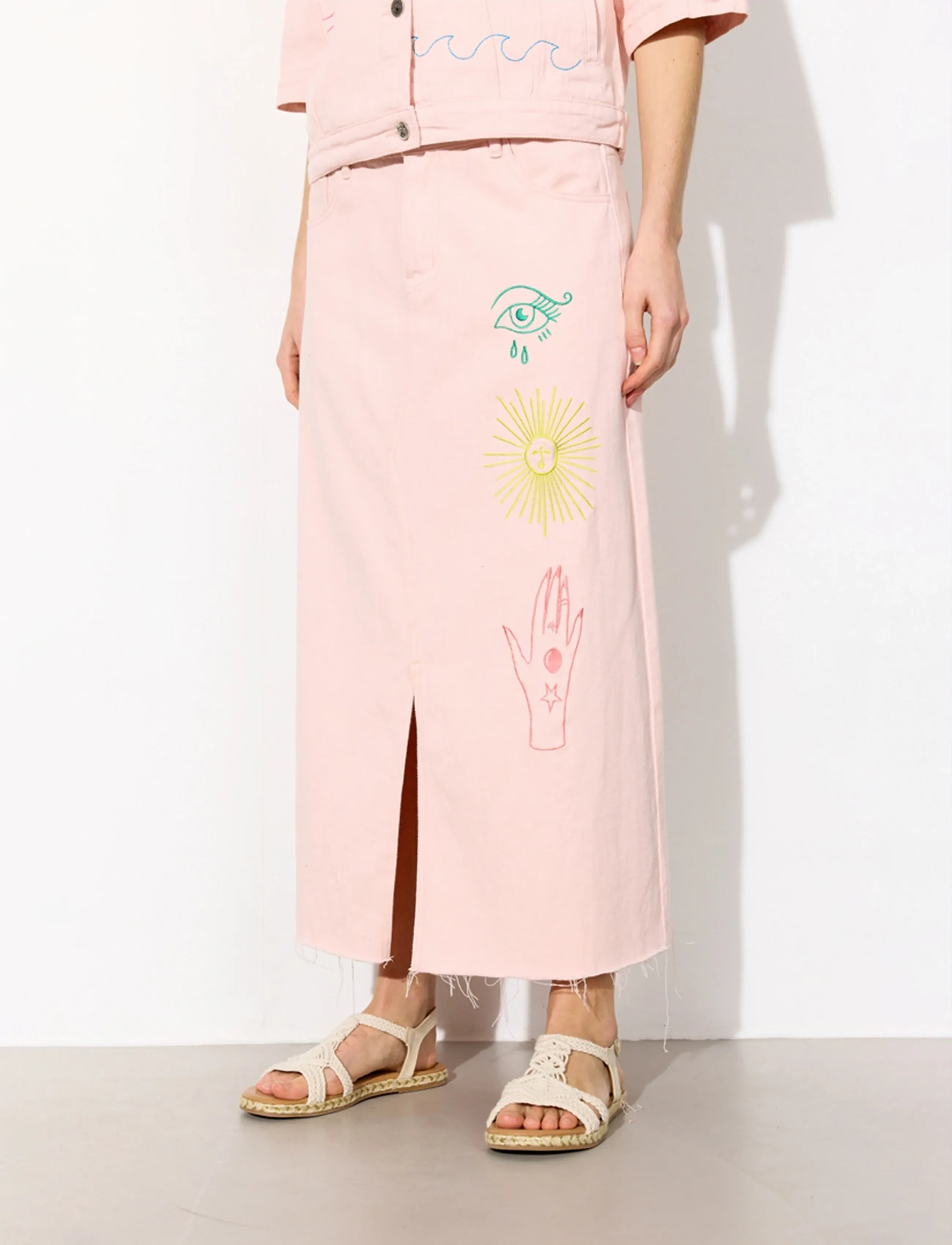 Hunkøn Suki Skirt, Kvinder, Broderet Midi Nederdel, Pink, Str: L