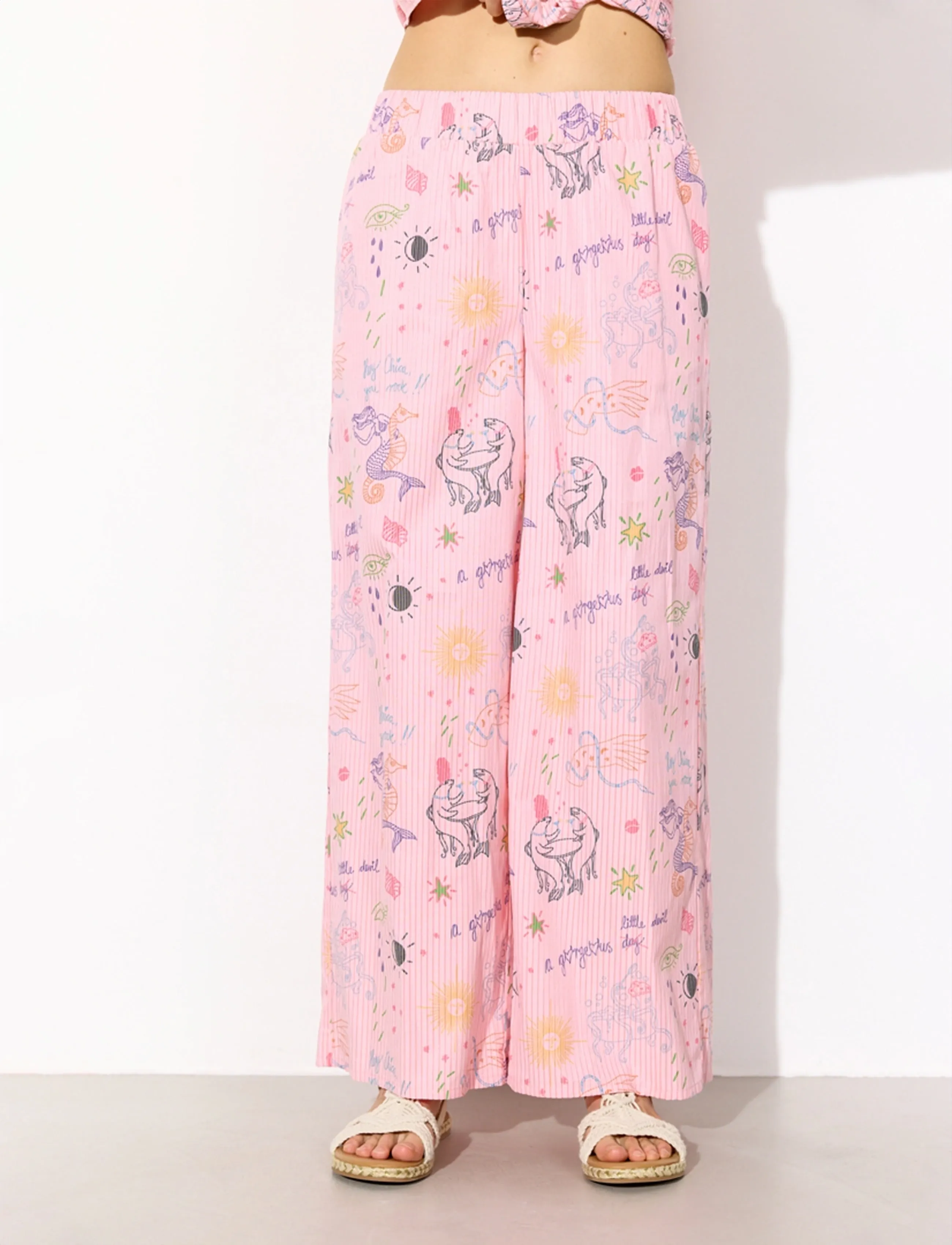 Hunkøn Zoe Trousers - Officewear - PINK SEA CREATURES ART PRINT / pink/rose
