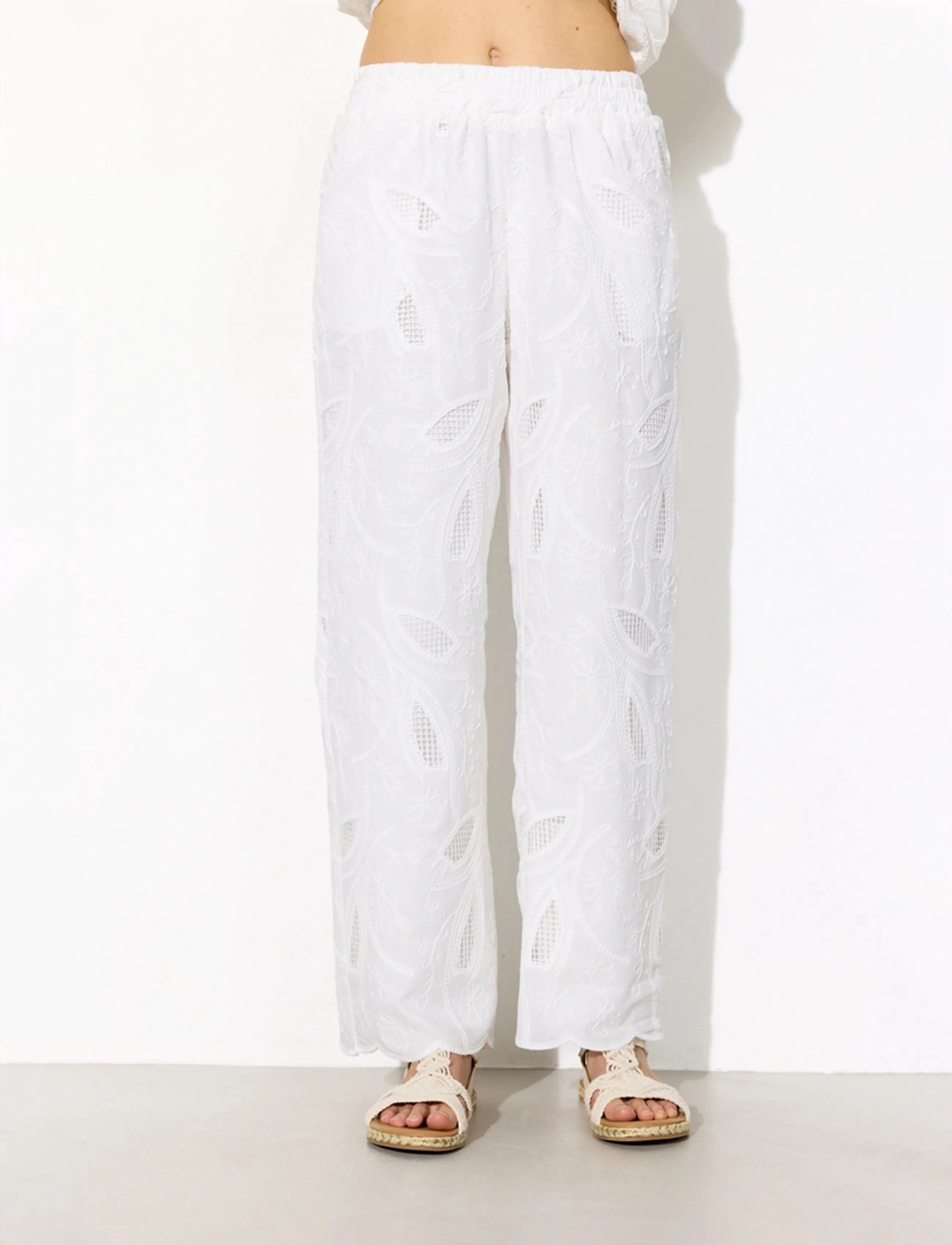 Hunkøn Orla Trousers, Kvinder, Broderede Vide Bukser, Hvid, Str: M