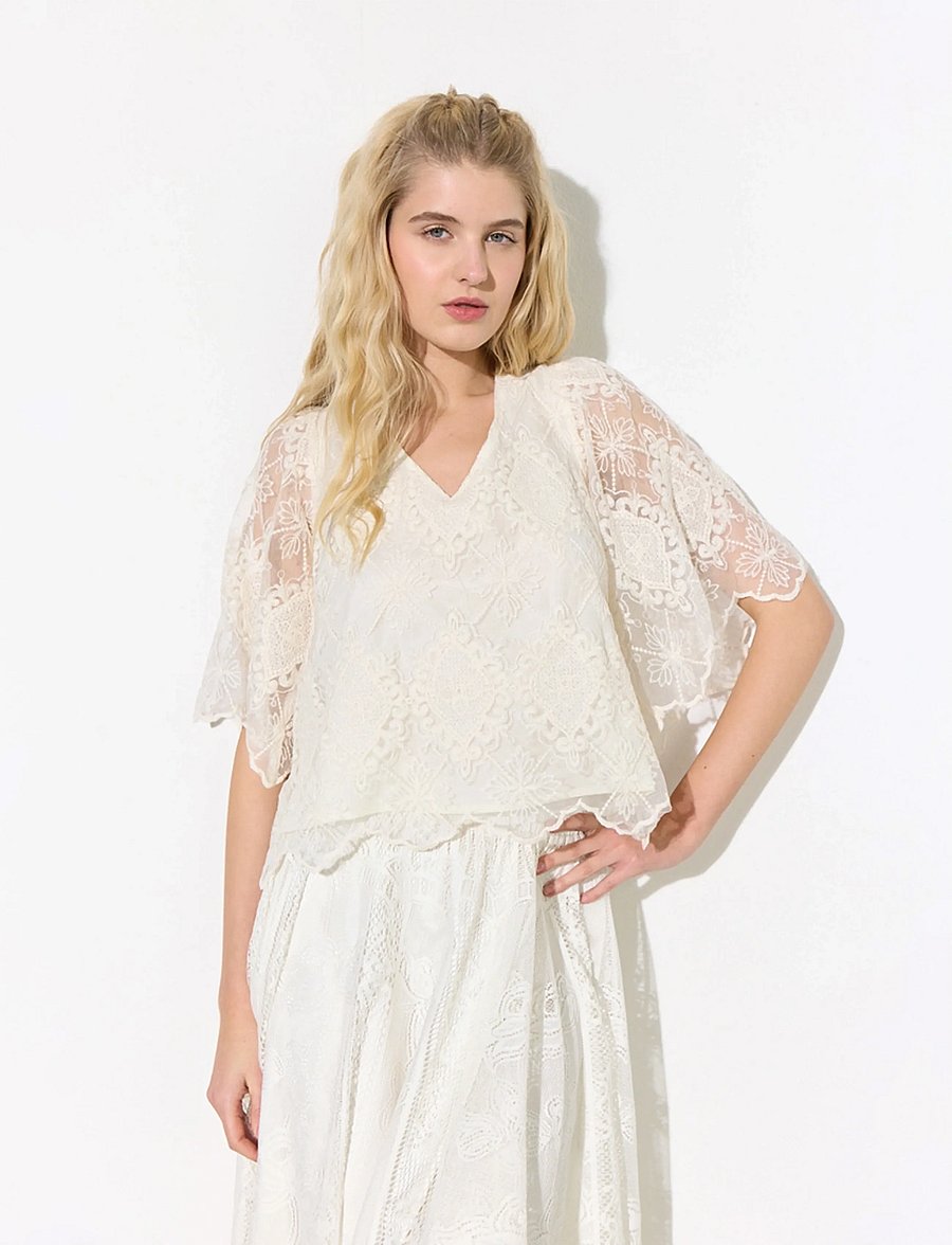Hunkøn - Lulu Lace Blouse - kurzärmelige blusen - cream lace - 0