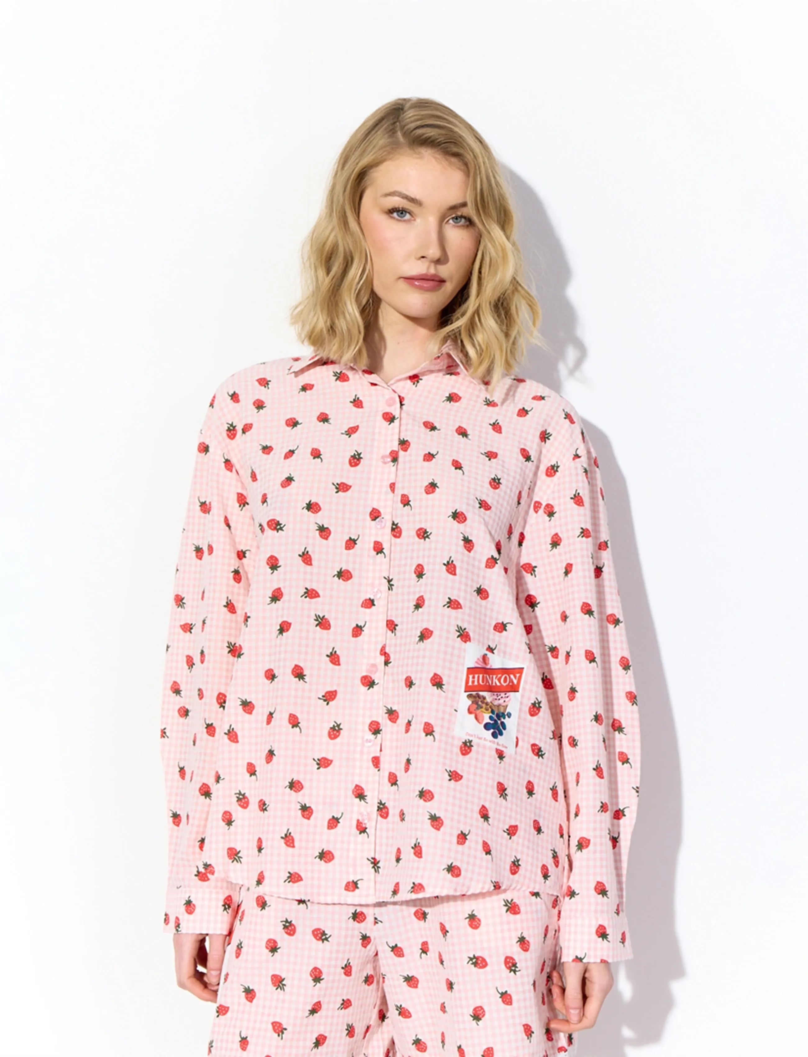 Hunkøn Ruth Shirt, Kvinder, Jordbærprint Skjorte, Pink, Str: XXL