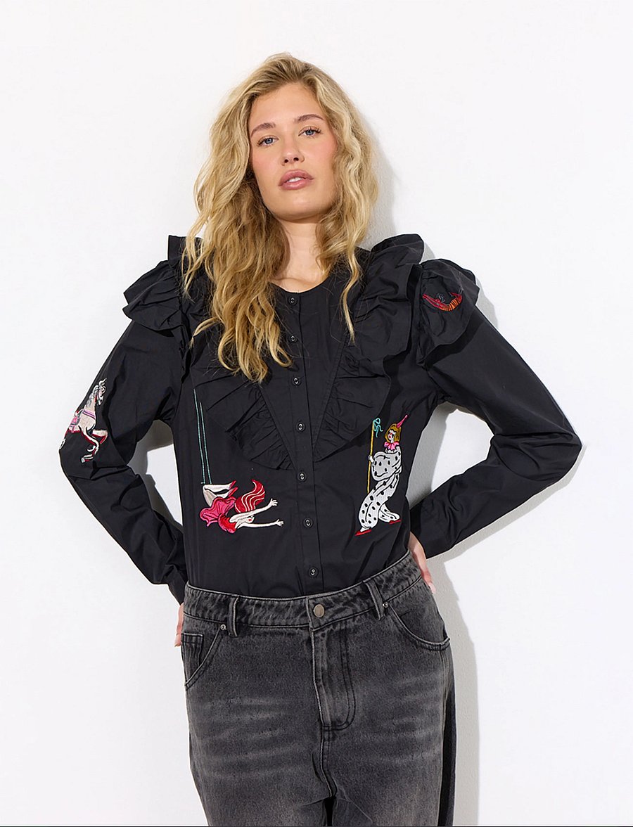 Hunkøn - Nola Ruffle Shirt - long-sleeved shirts - black - 0