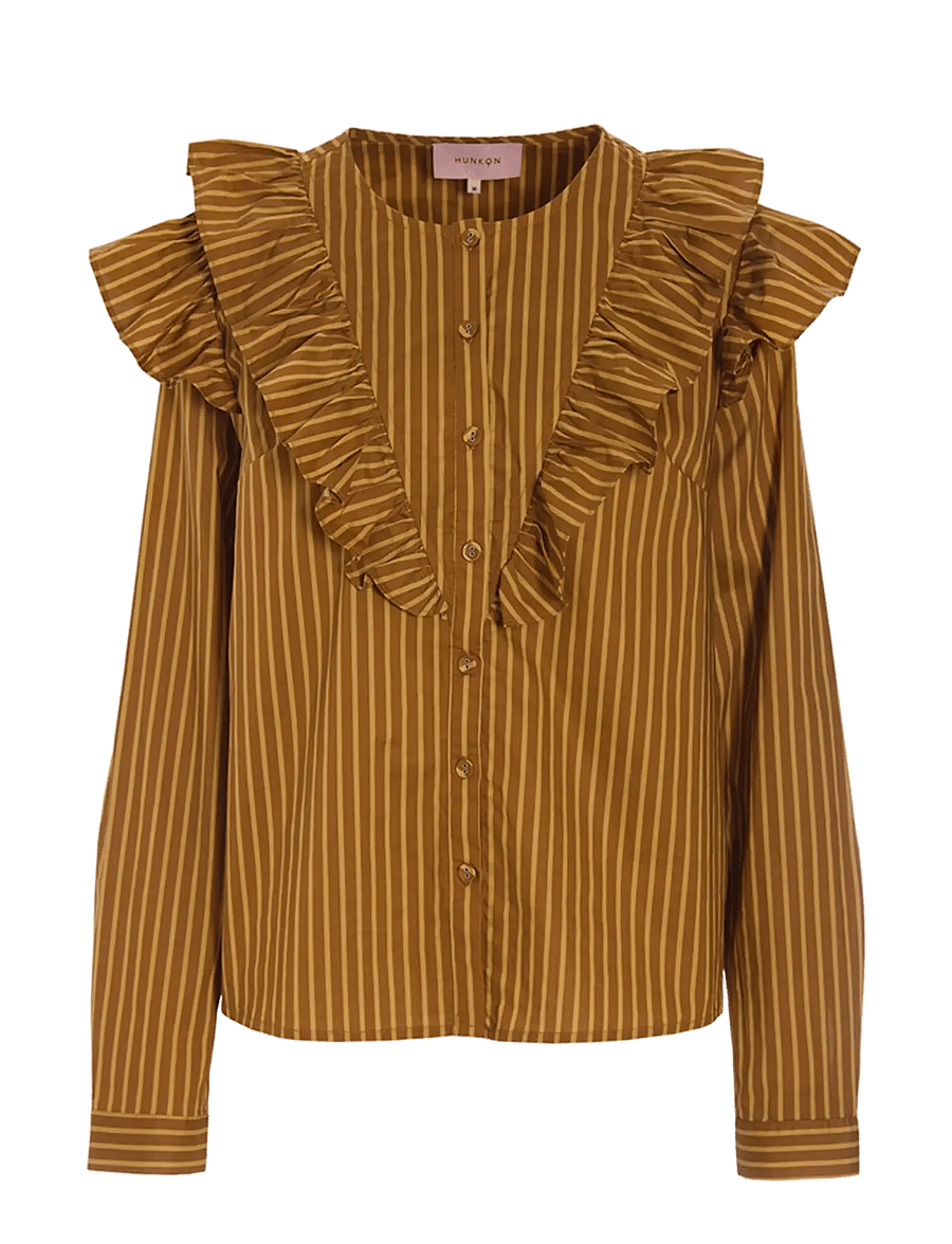 Hunkøn - Lucinda Ruffle Shirt - langärmlige hemden - caramel striped - 1