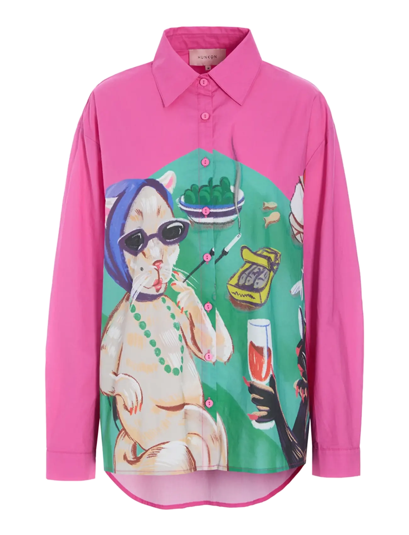 Hunkøn Tiana Shirt - Transitional Layering - COCKTAILS WITH CATS ART PRINT / pink/rose