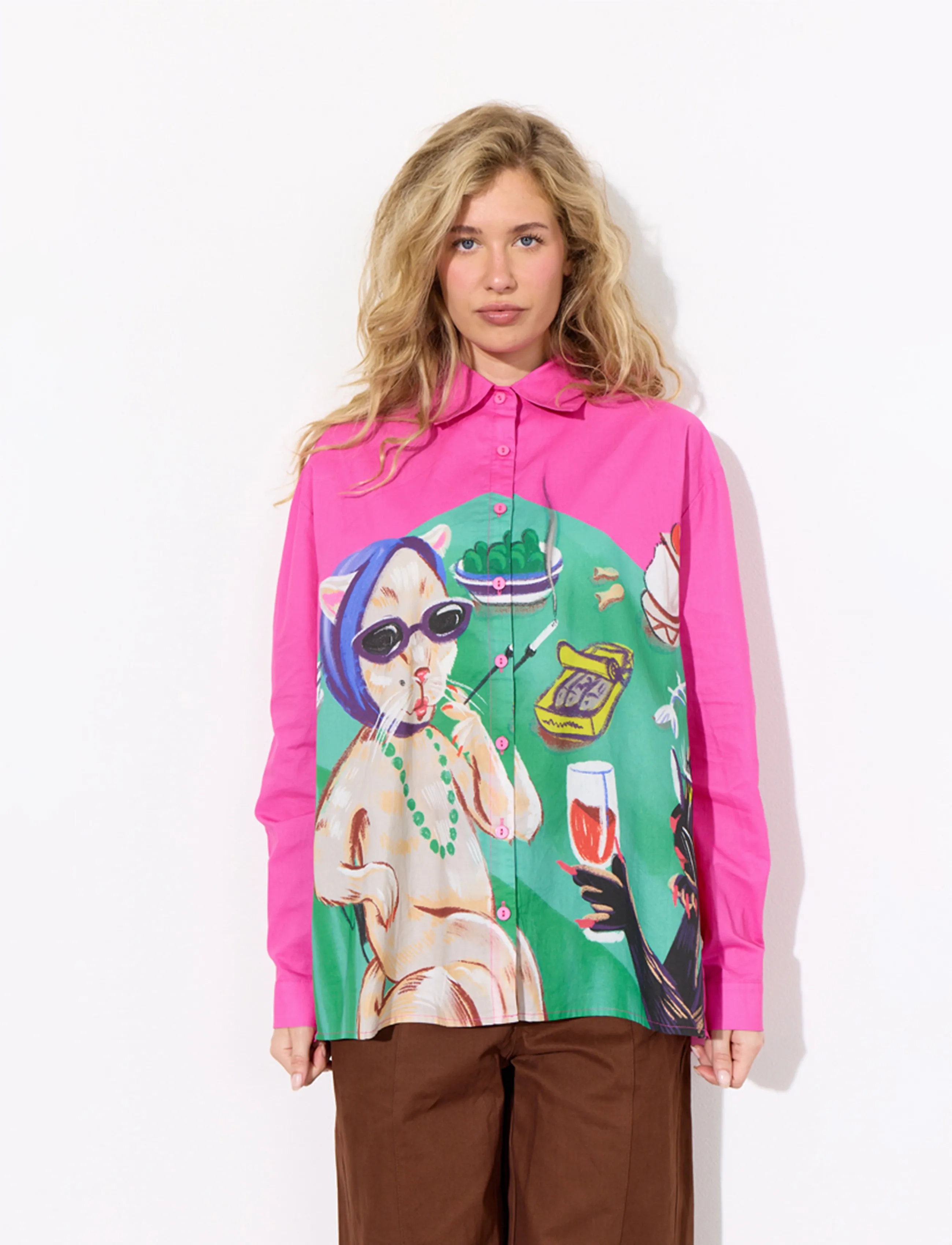 Hunkøn - Tiana Shirt - langärmlige hemden - cocktails with cats art print - 0