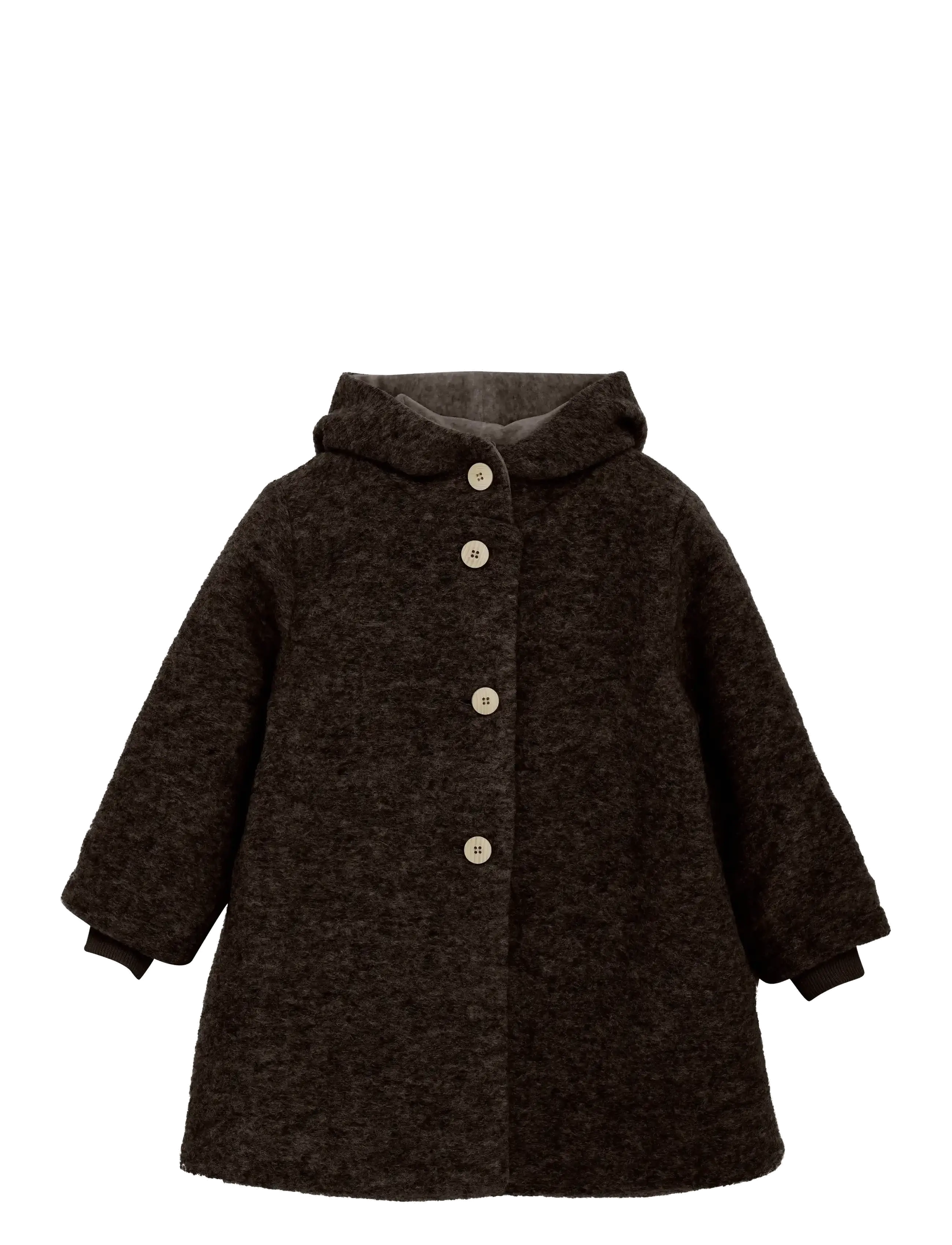 Coat Hood Wool w. Lining - DARK BROWN MELANGE
