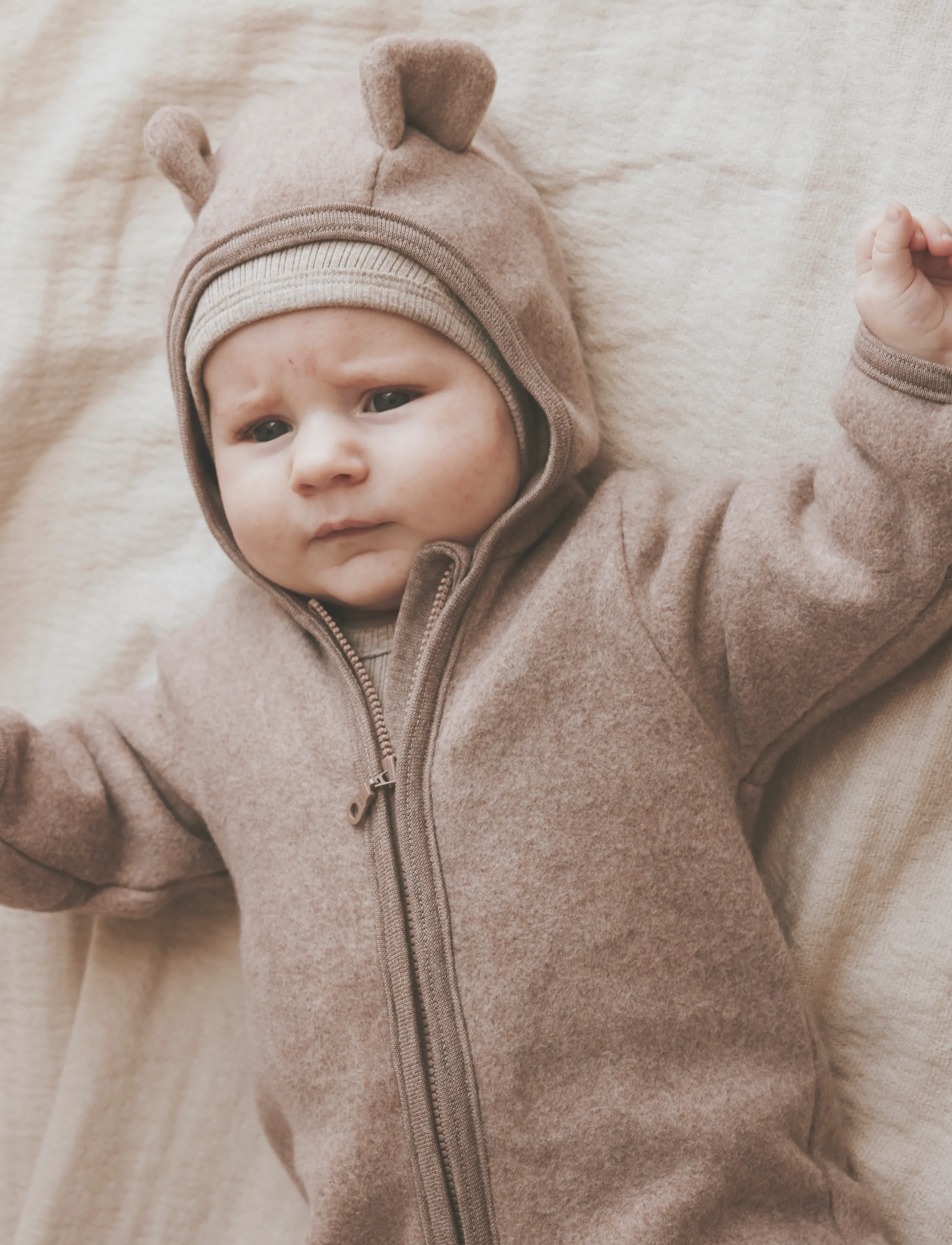 Huttelihut Pram Suit Ears Cot. Fleece, 98, Beige, Yderbeklædning I Fleece > Overalls I Fleece, Børn