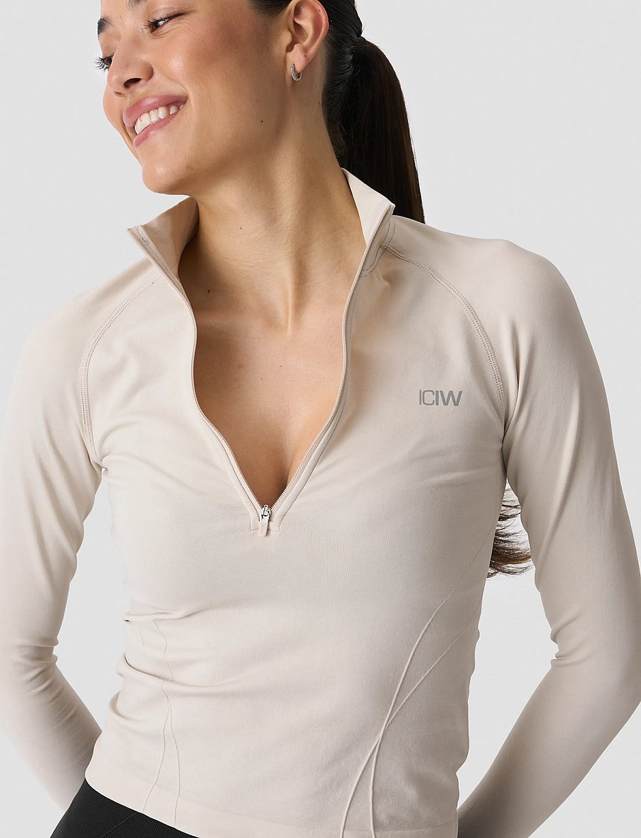 ICANIWILL - Shape 1/2 Zip Long Sleeve W - crop-tops - light beige - 0
