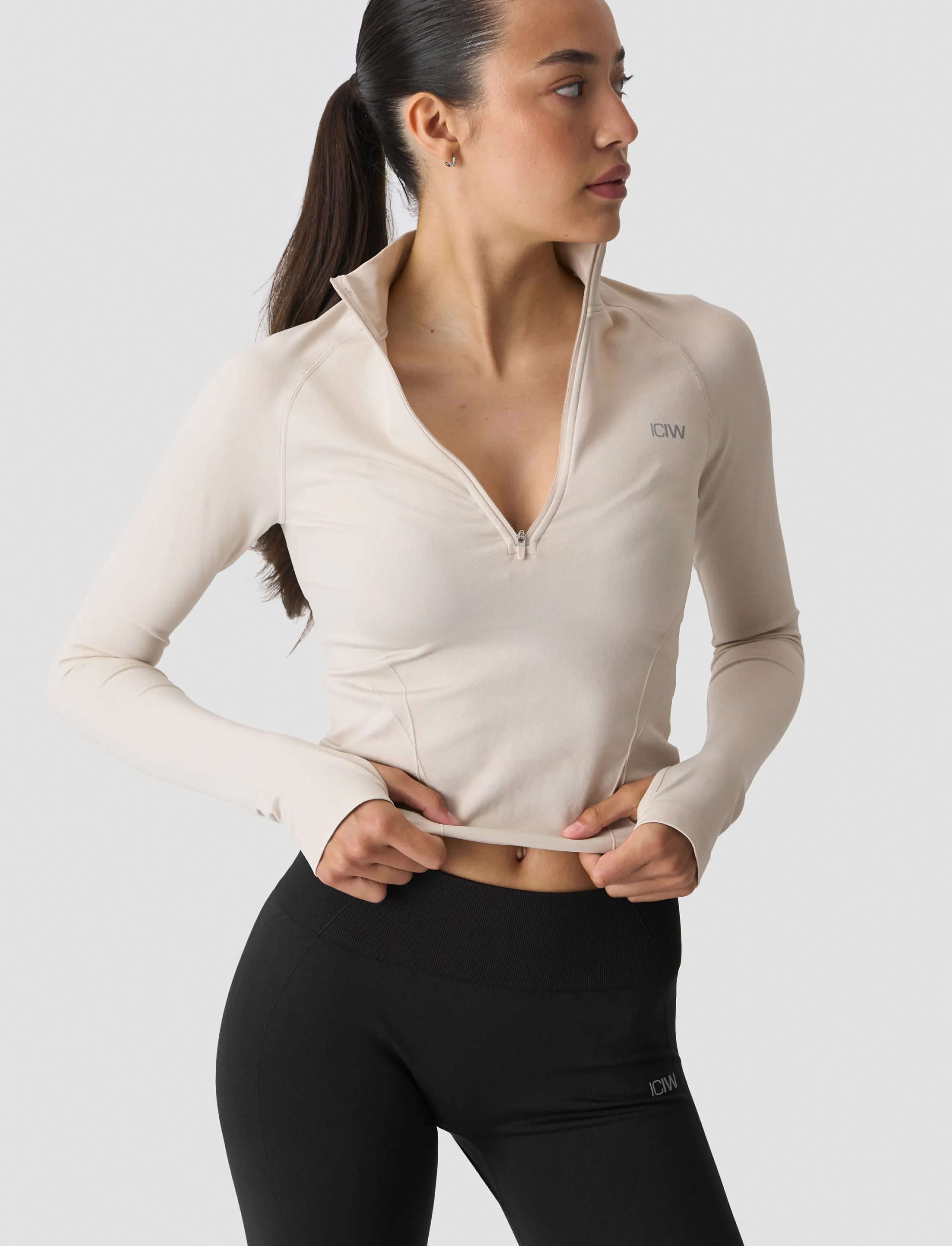ICANIWILL - Shape 1/2 Zip Long Sleeve W - crop-tops - light beige - 3