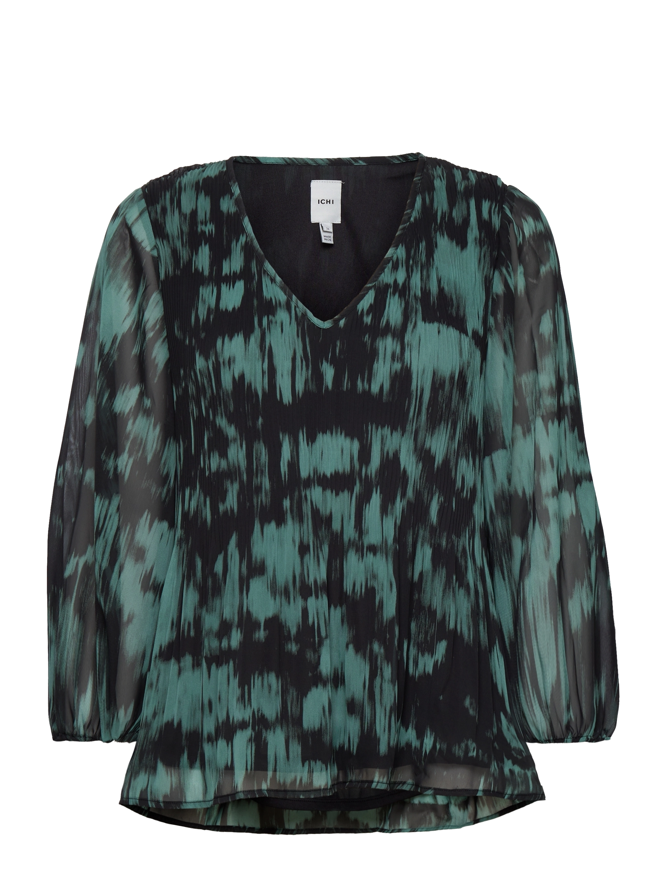ICHI Ihbally Ls2, Plisseret V-Hals Bluse, Multi/mønstret, Str: 34