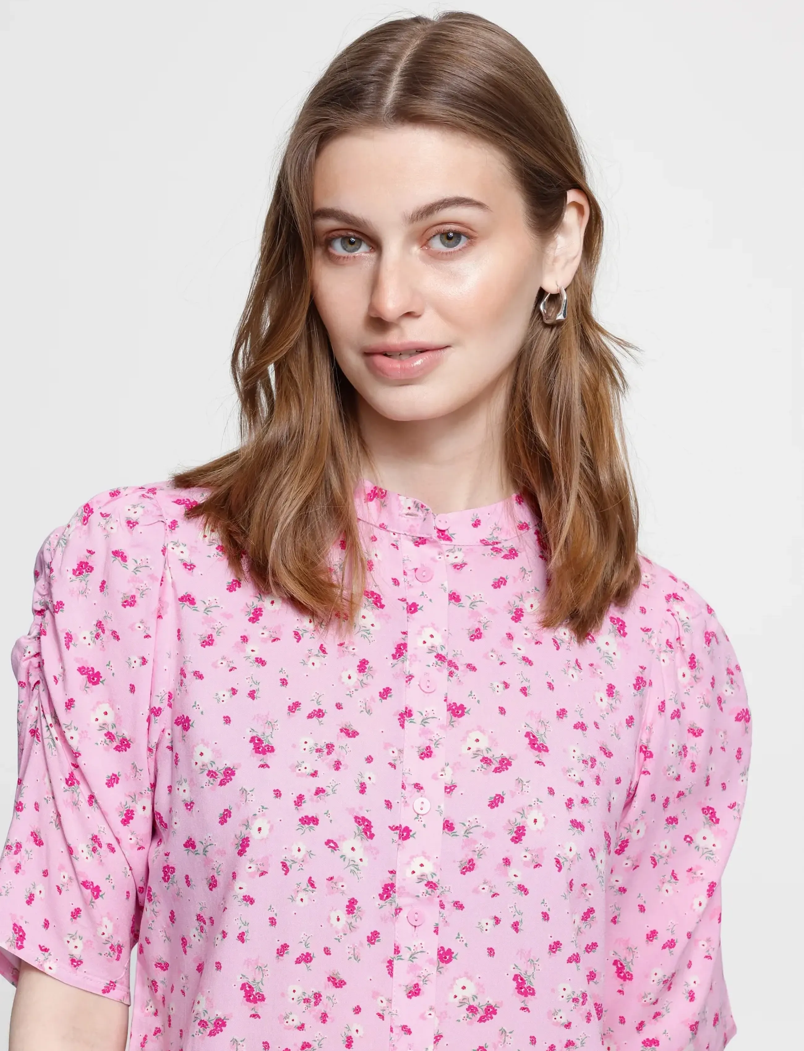 ICHI Ihvera Sh23, Kvinder, Blomstret Puffærme Bluse, Pink, Str: 44