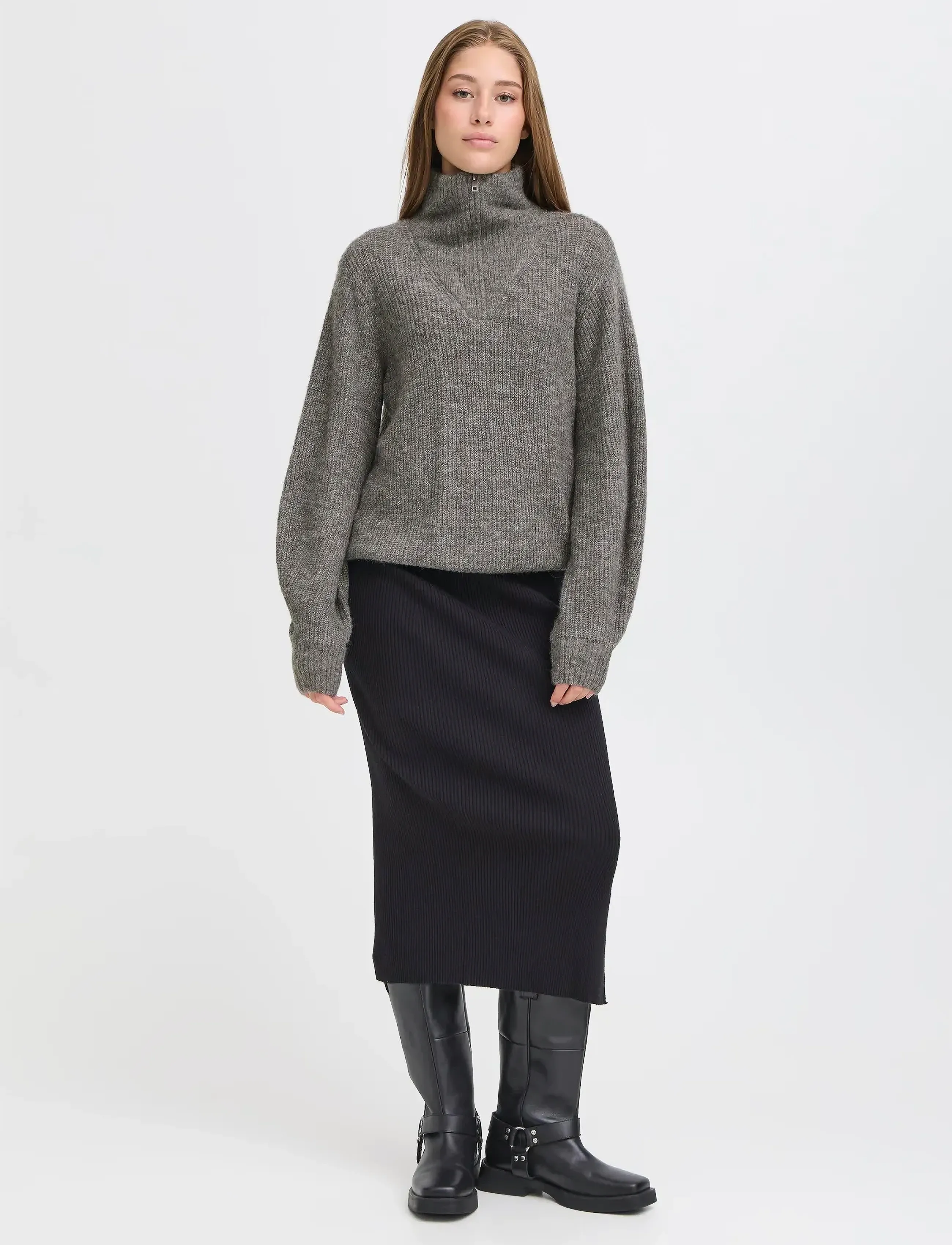 ICHI Ihkamara Ls21, Kvinder, Strikket Sweater Med Halv Lynlås, Grå, Str: XS