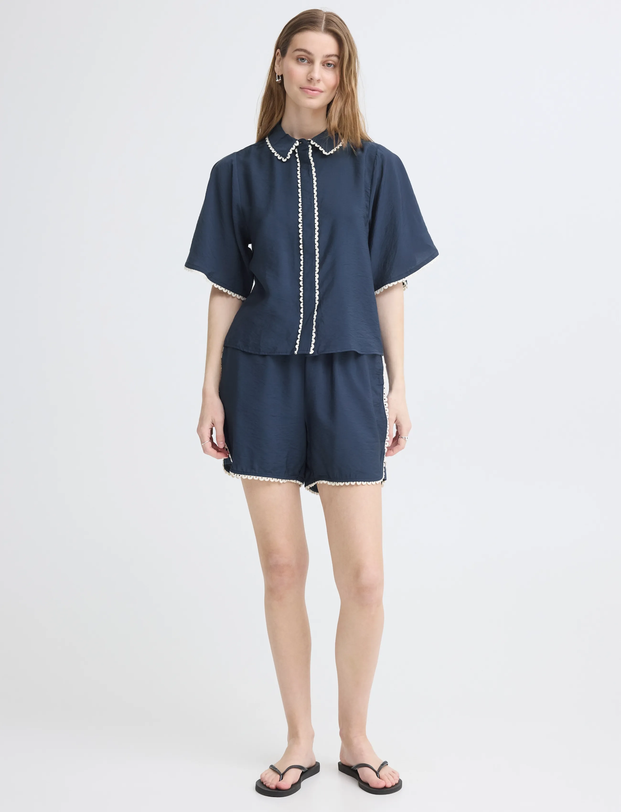 ICHI Ihleni Sh, Kvinder, Bluse Med Flæsekant, Navy, Str: 36