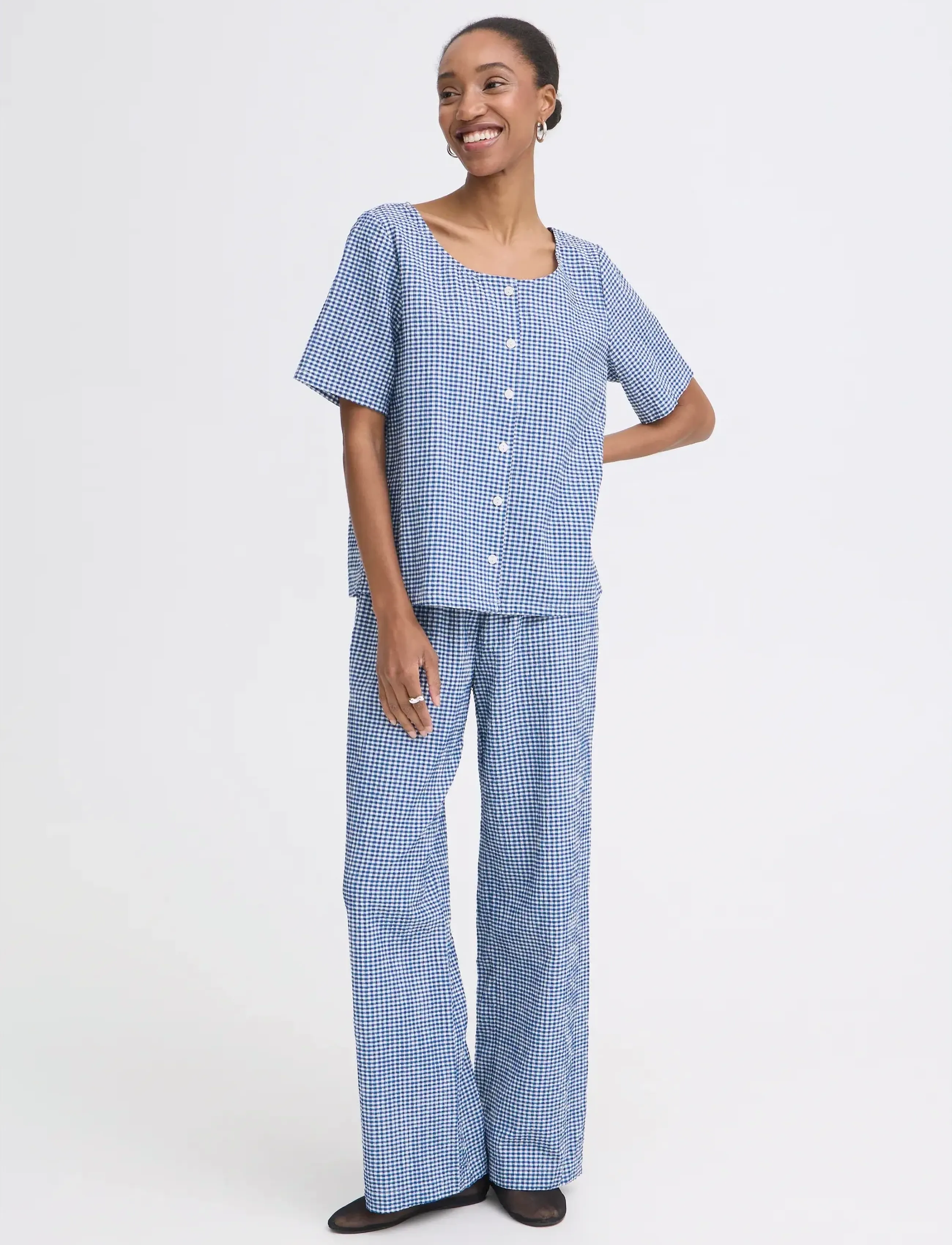 ICHI Ihjilma Sh, Kvinder, Kortærmet Gingham Bluse, Blå, Str: 40