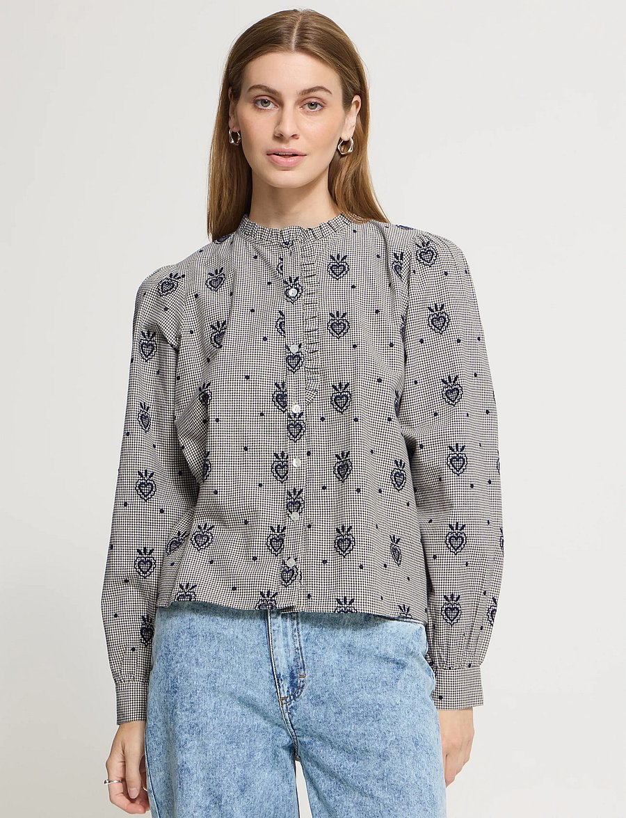 ICHI - IHELOZA SH - long-sleeved shirts - birch/dark blue check w. emb - 5