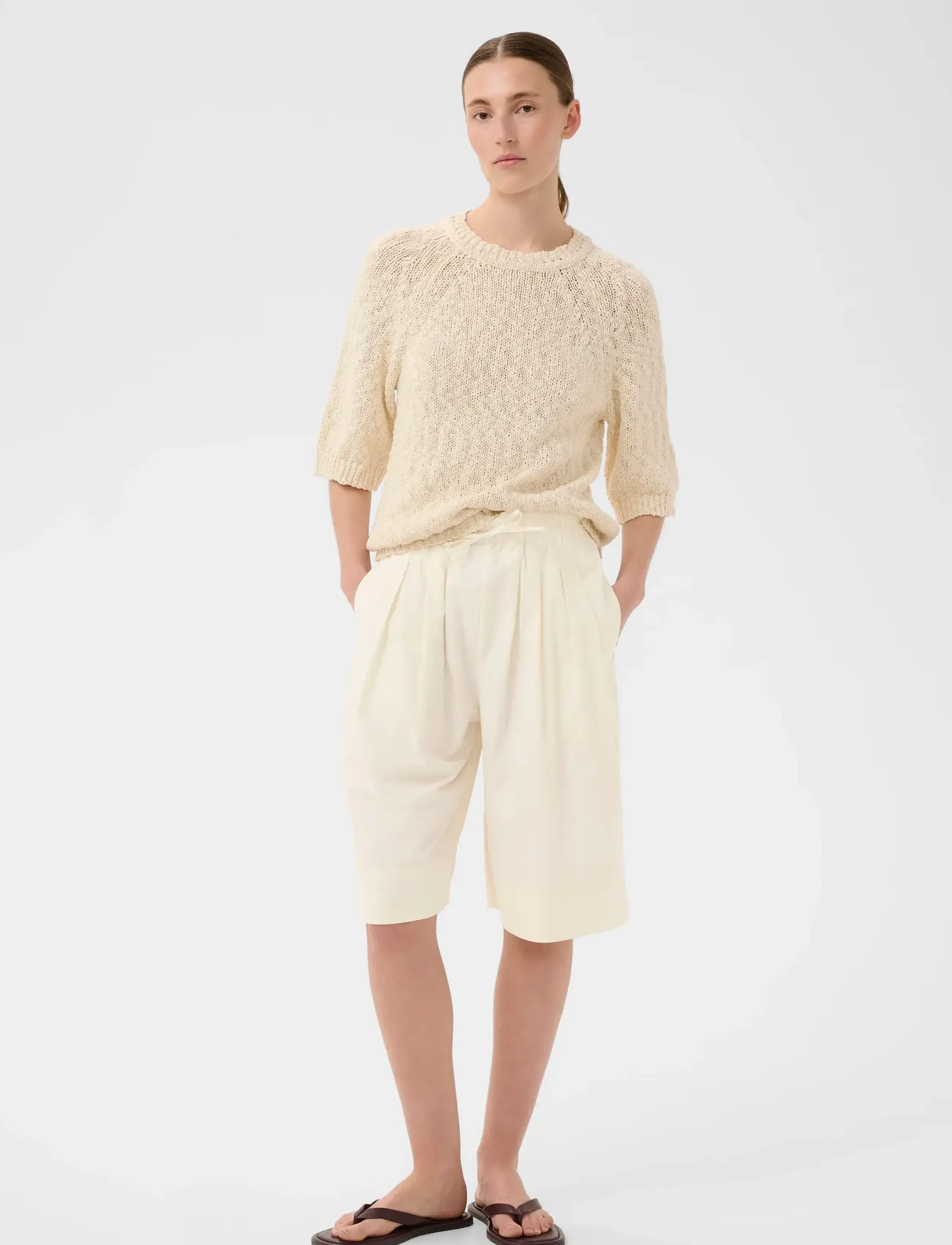 InWear Hazeiw Bermuda Shorts, Damen, Plissierte Kordelzug Bermuda Shorts, Creme, Gr.42