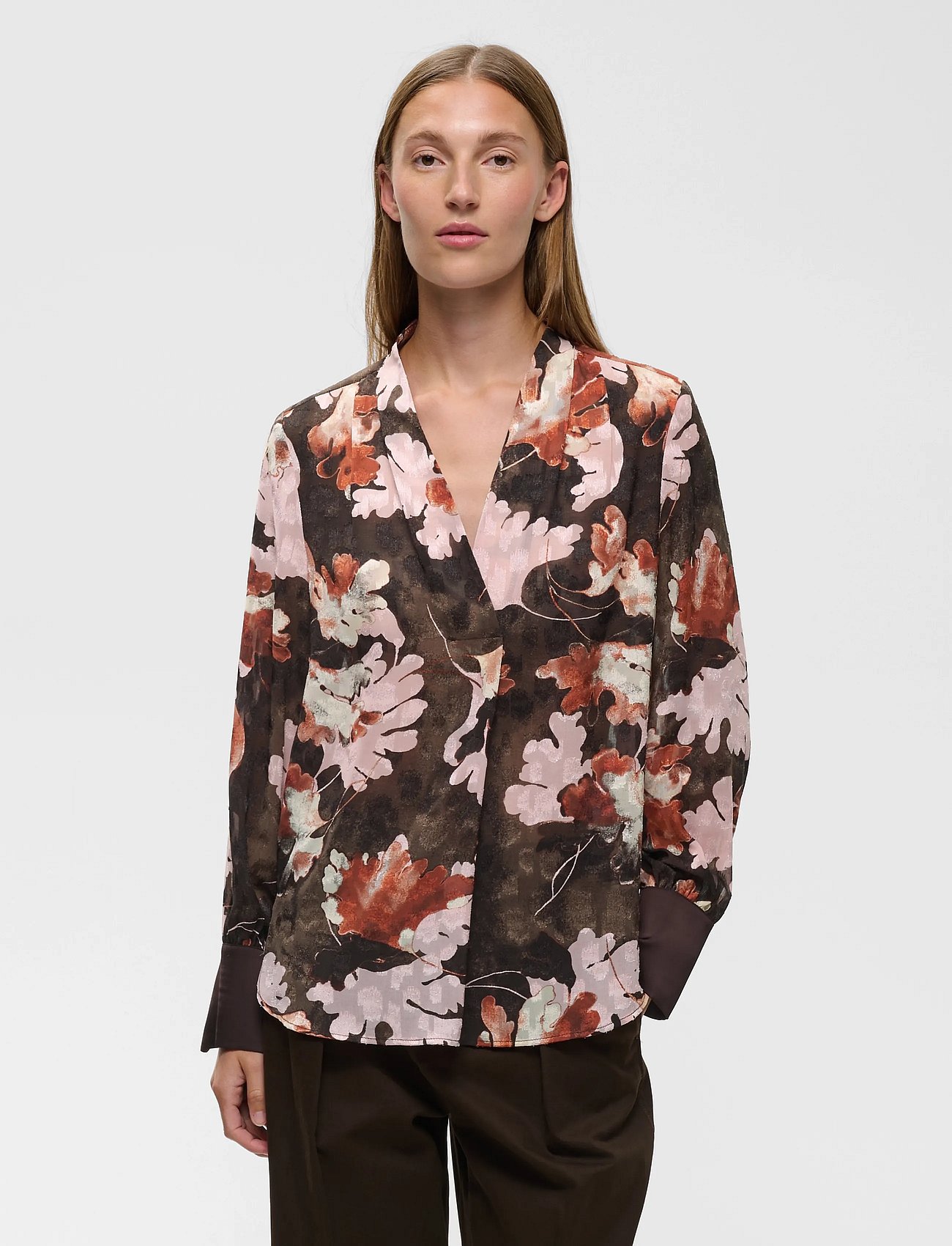 MASONIW V-NECK BLOUSE - BROWN W PINK FALL LEAVES