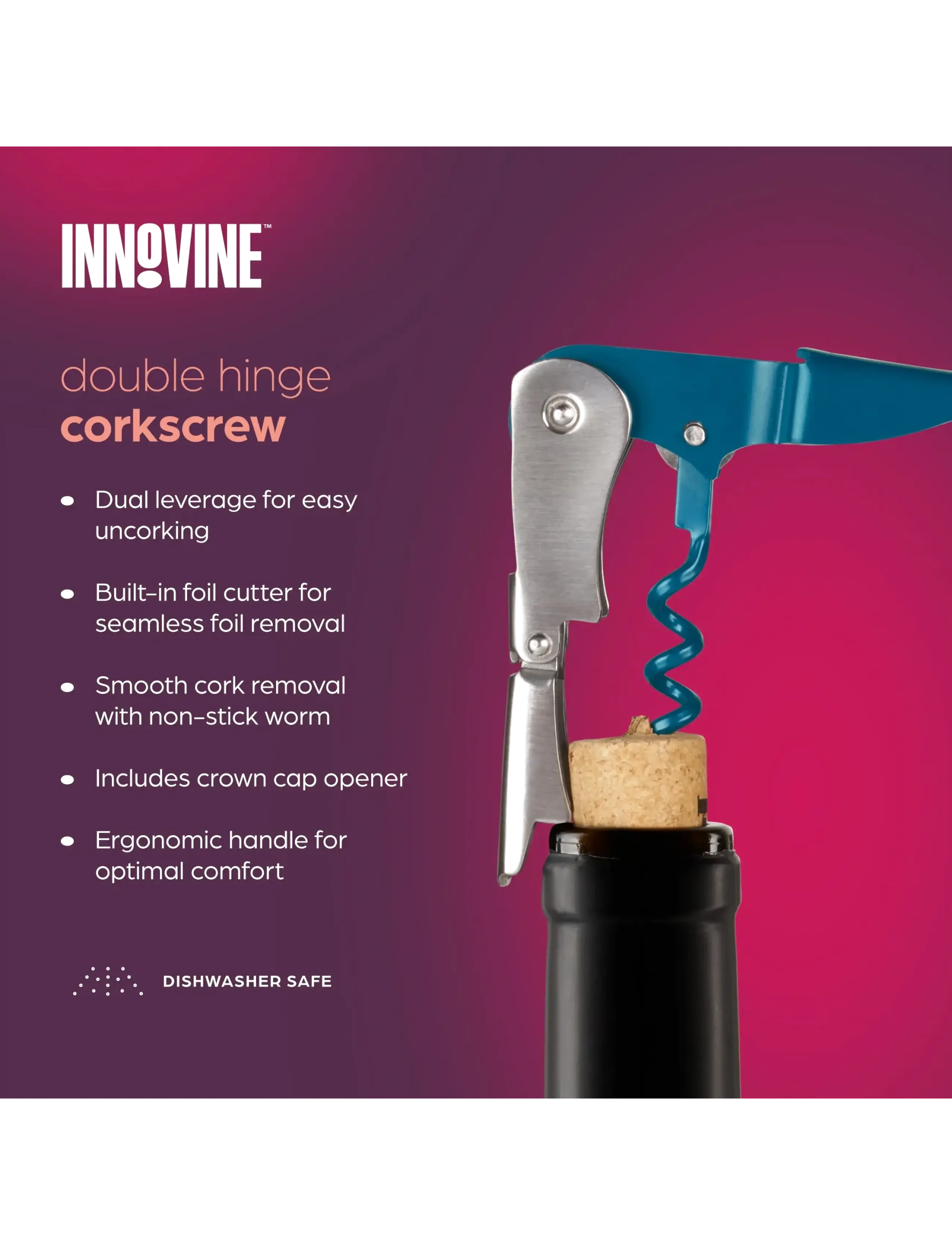 Innovine - Double Hinge Corkscrew in Deep Teal by Innovine™ - flasköppnare & vinförslutare - teal - 3