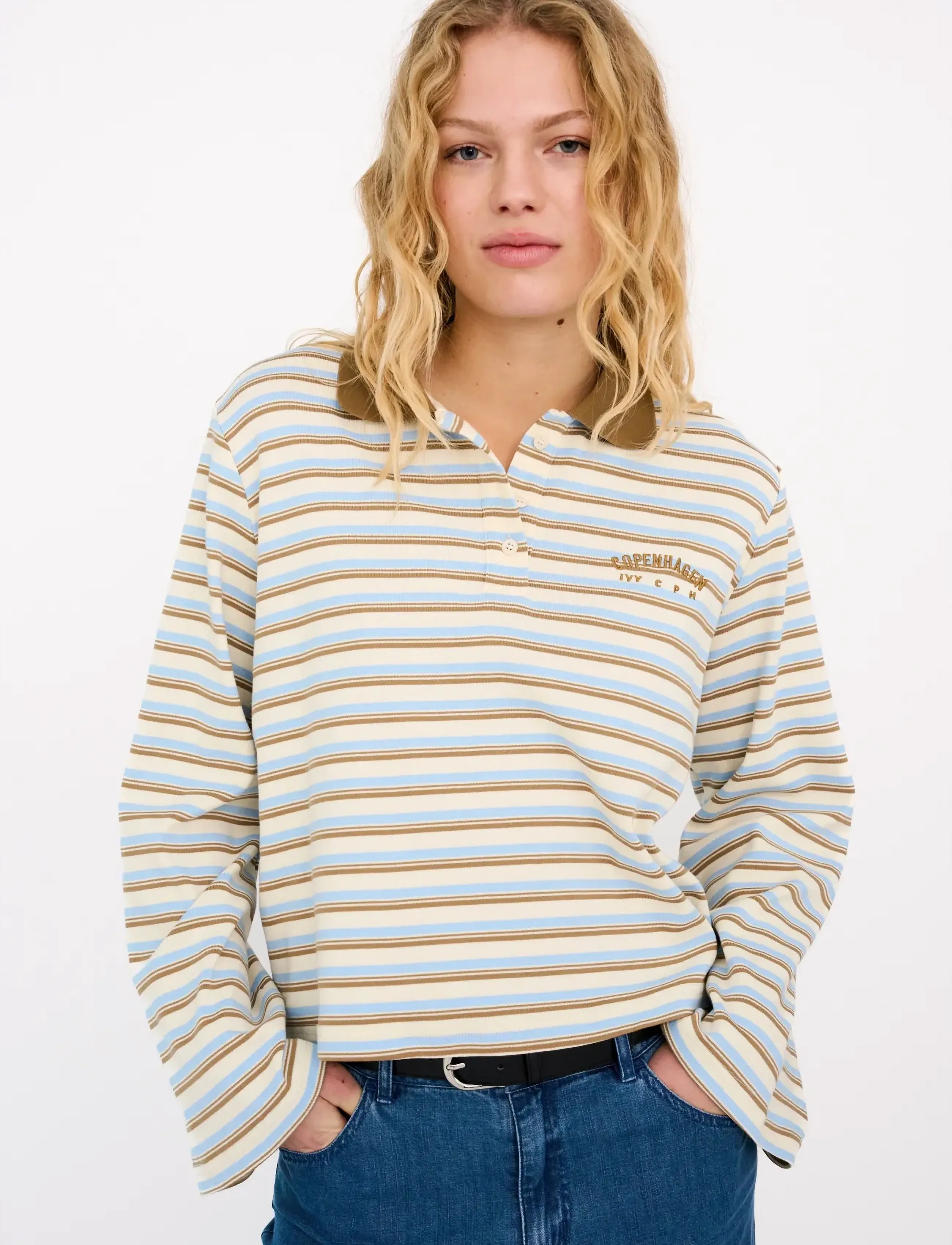 IVY Copenhagen IVY-Stix LS Polo - T-shirts & Toppe - ECRU W. CAMEL/PALE BLUE STRIPES / brown