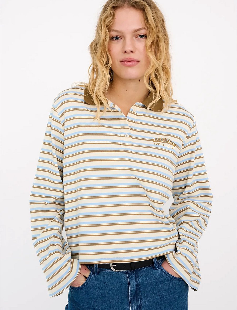 IVY Copenhagen - IVY-Stix LS Polo - poloer - ecru w. camel/pale blue stripes - 0