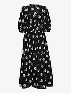 DERJA GATHERED DRESS MAXI LENGTH - AOP BI-COLOR FLOWER BLACK