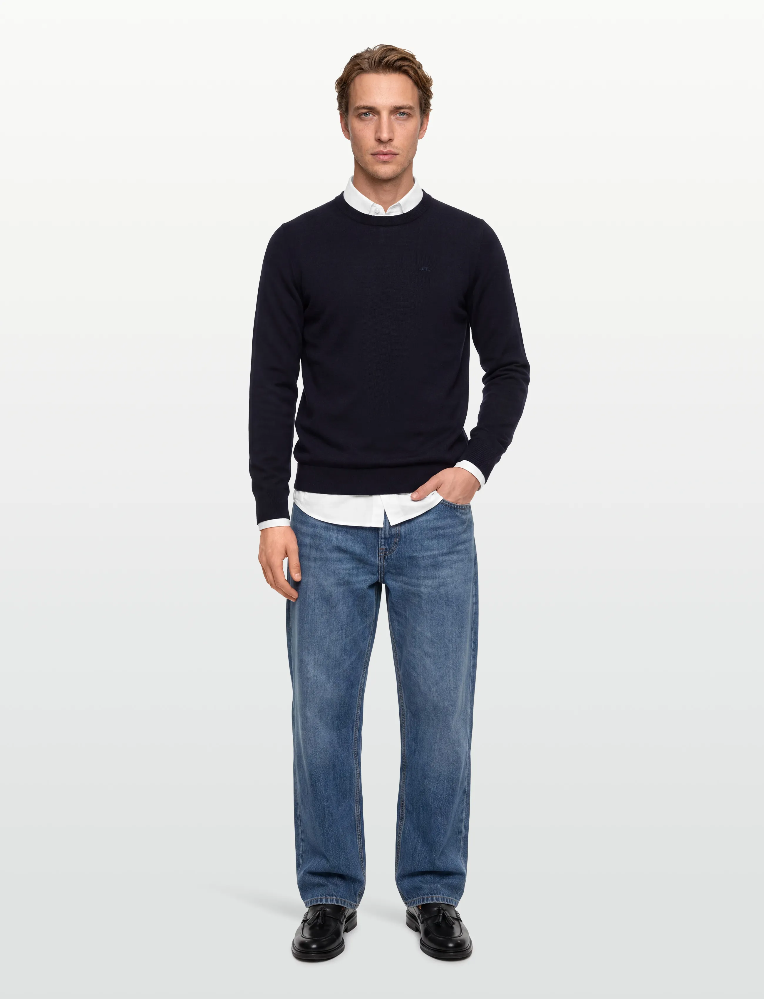 J. Lindeberg Keane Merino Crew Neck, Mænd, Rund Hals Striktrøje, Navy, Str: XL