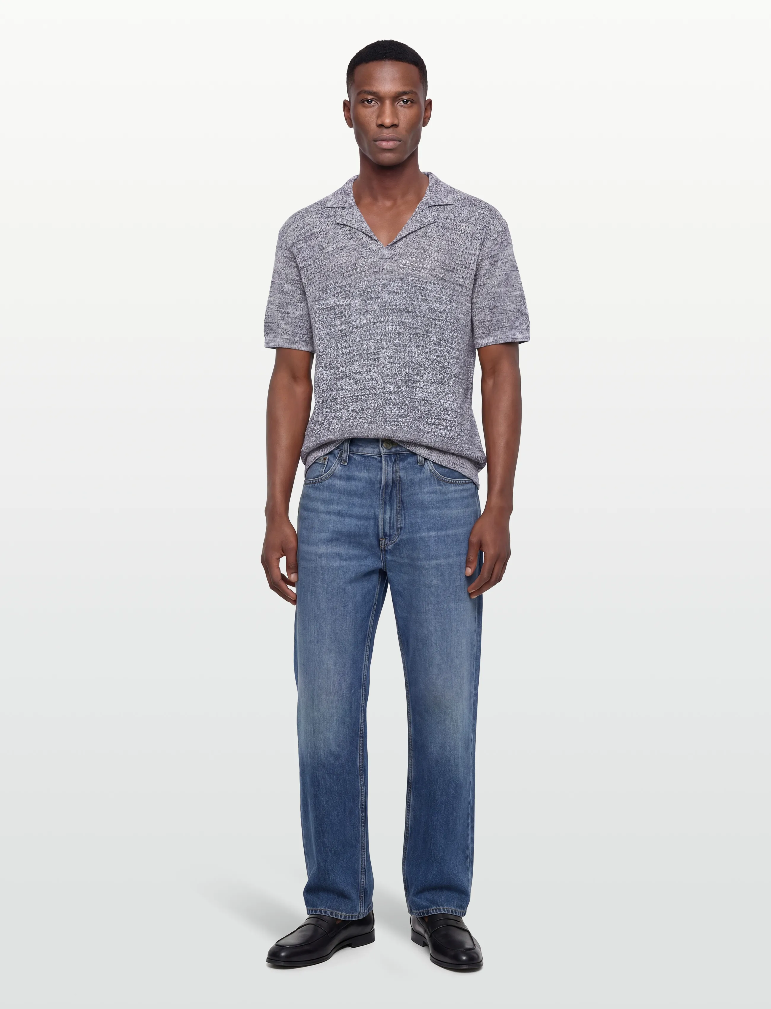 J. Lindeberg Ethan Open Collar Knit Polo - Nordischer Stil - OMBRE BLUE / grey