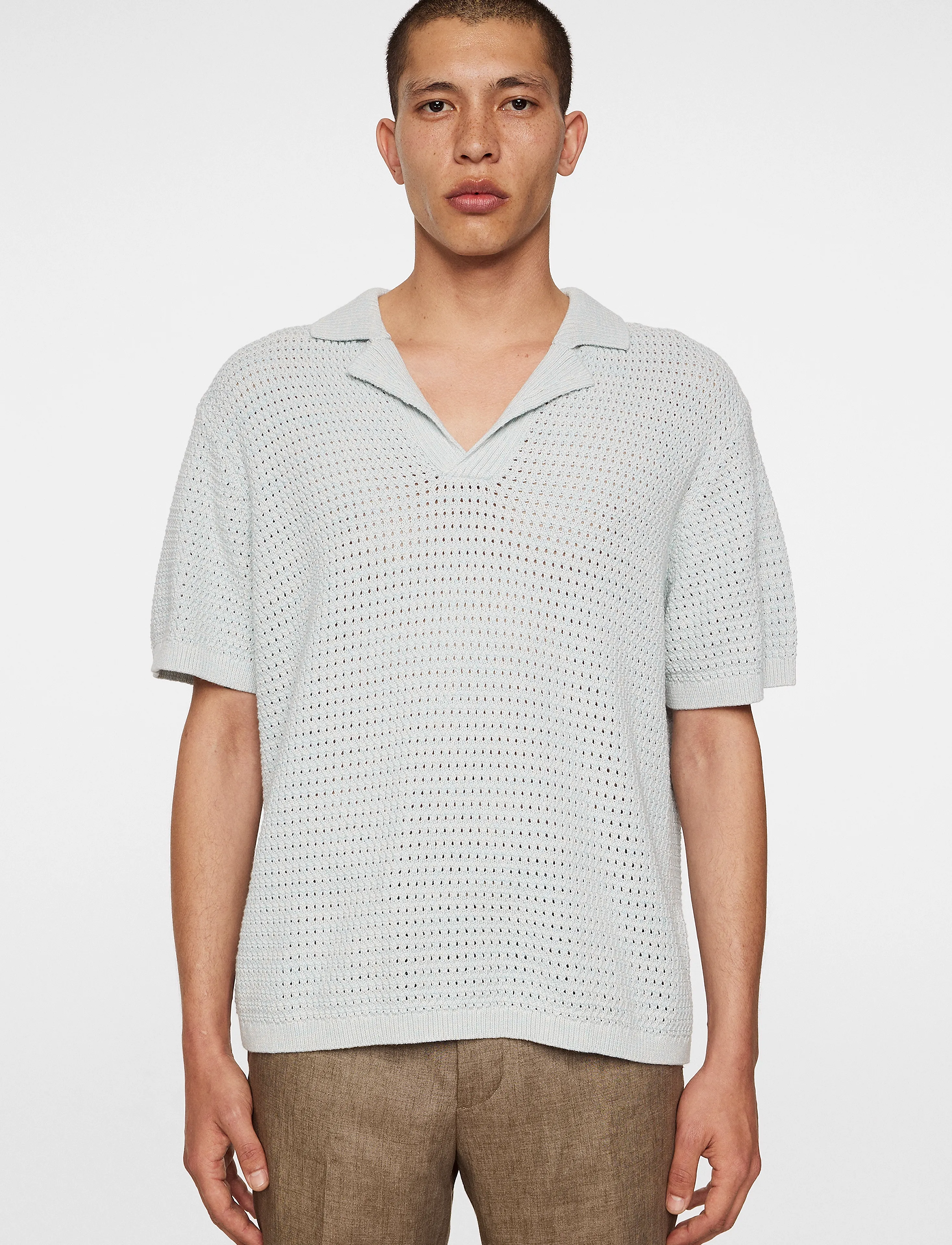J. Lindeberg Ethan Open Collar Knit Polo, M, Knitwear, Blau - Short Sleeve Knitted Polos, Männerswear