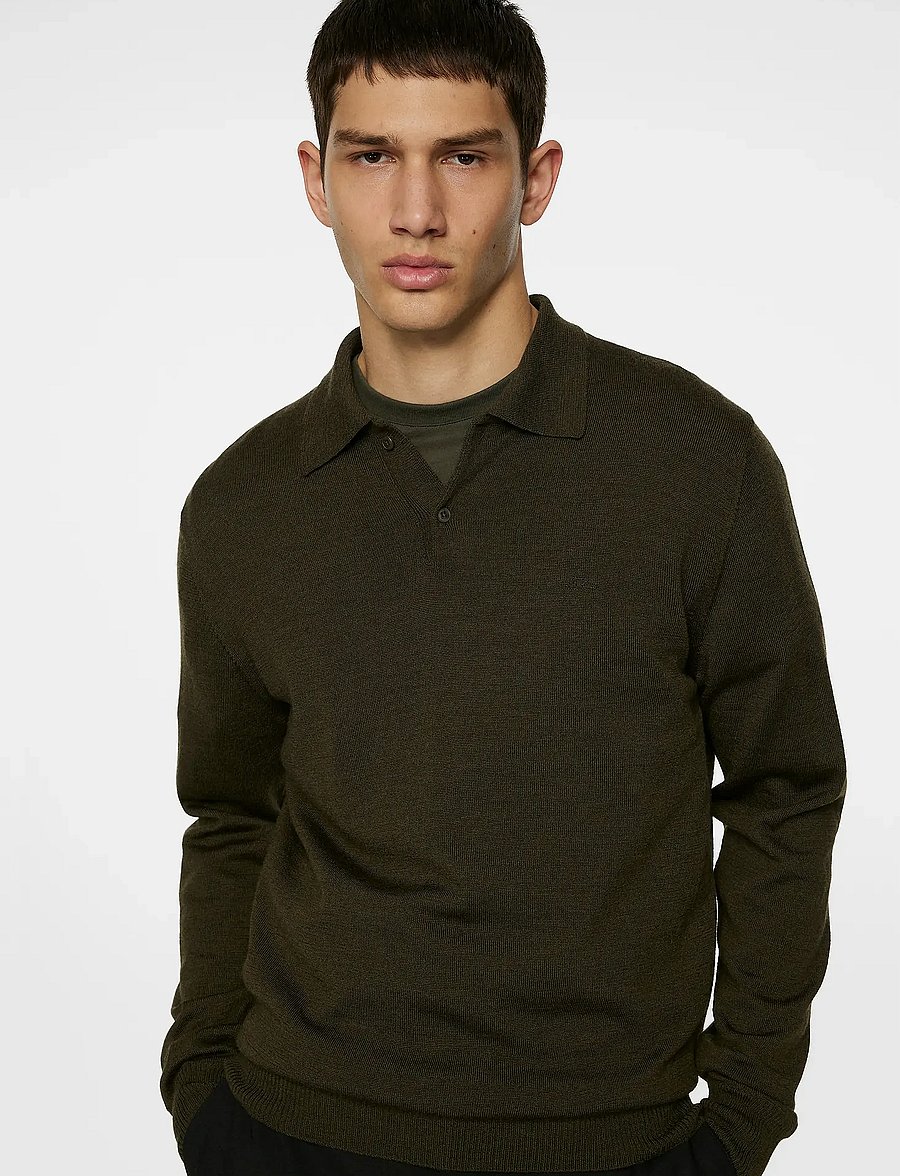 J. Lindeberg - Kai Knitted Merino Polo - langermede, strikkede pologensere - forest green melange - 5