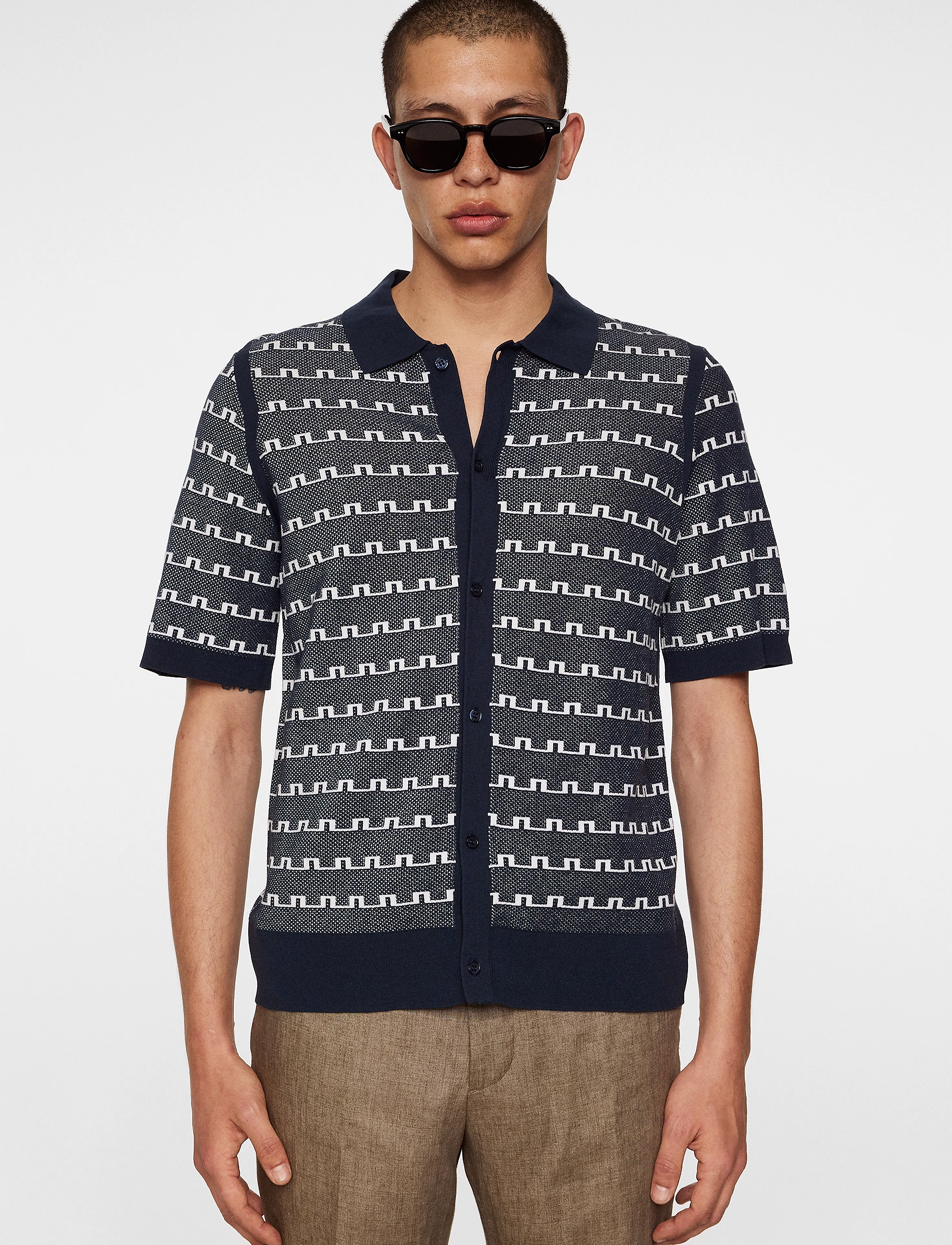 J. Lindeberg Rolando Logo Jacquard Polo, L, Polos, Marineblau - Short-sleeved, Männerswear